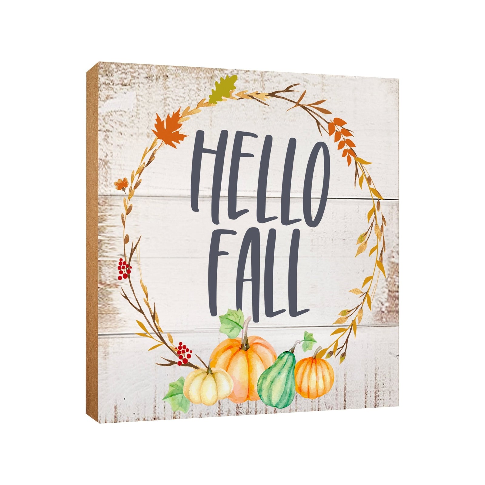 A close-up of a wooden tabletop adorned with inspirational fall signs, enhancing your home decor