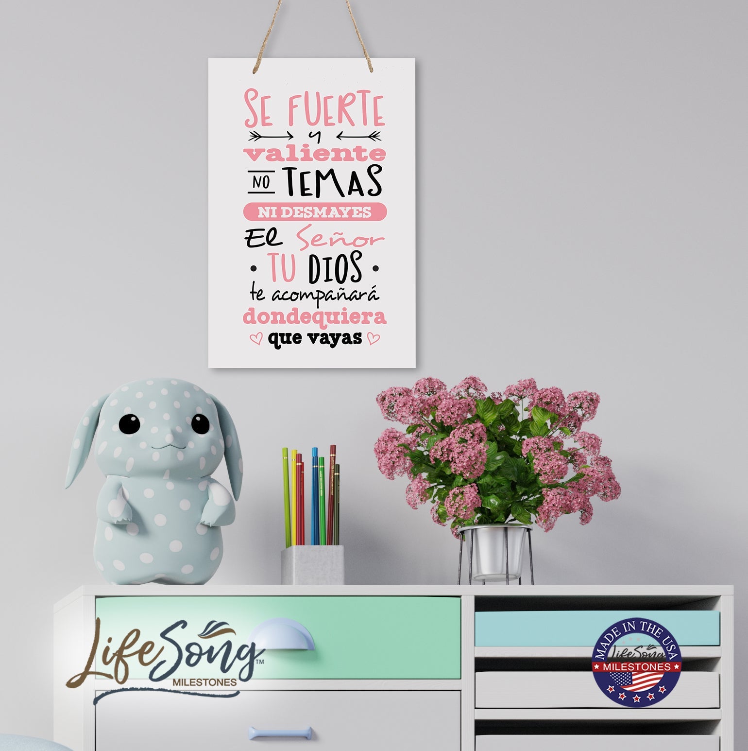 Inspirational Wall Decor Hanging Sign 8x12 - Be Strong and Courageous in Spanish Verse - LifeSong Milestones