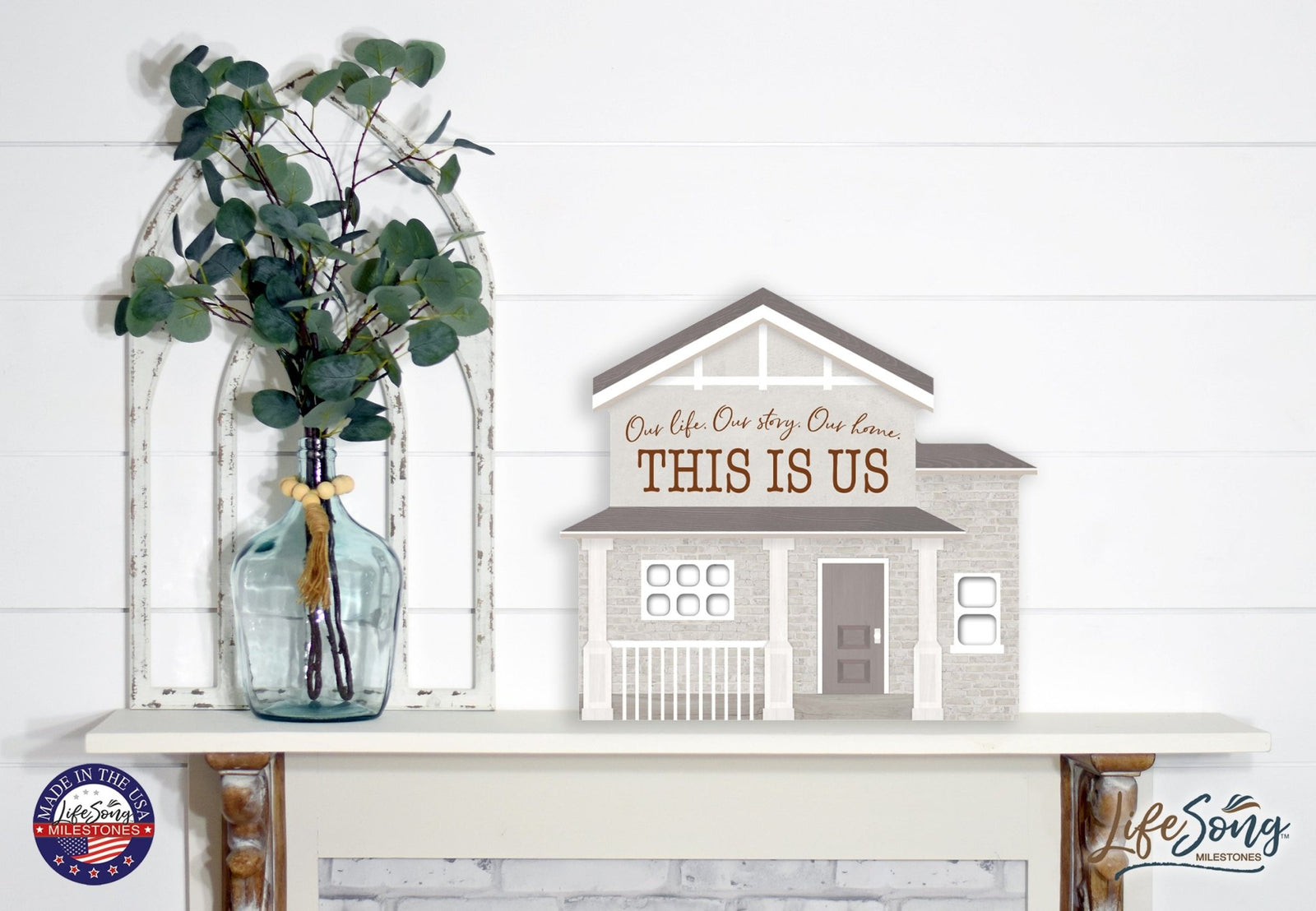 Inspirational Wooden House Shaped Table Top and Shelf Decoration with Christian and Bible Verse 7.25x8 - FAMILY - LifeSong Milestones