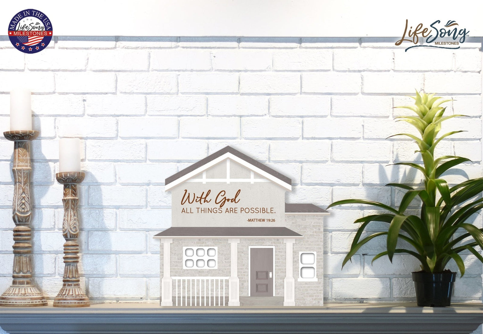 Inspirational Wooden House Shaped Table Top and Shelf Decoration with Christian and Bible Verse 7.25x8 - HOME - LifeSong Milestones