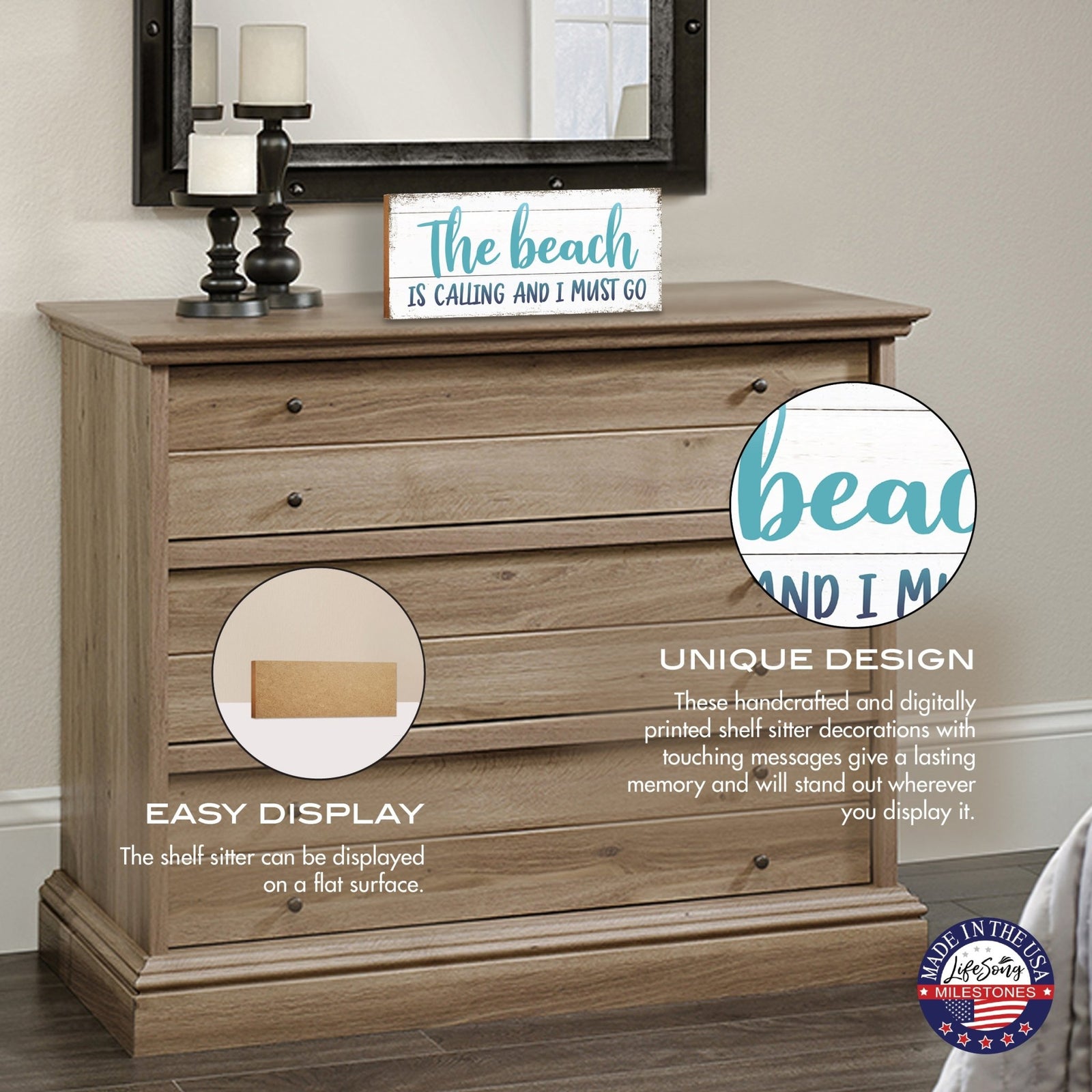 Inspirational Wooden Shelf Décor and Tabletop Signs for Spring Season - The Beach Is Calling - LifeSong Milestones