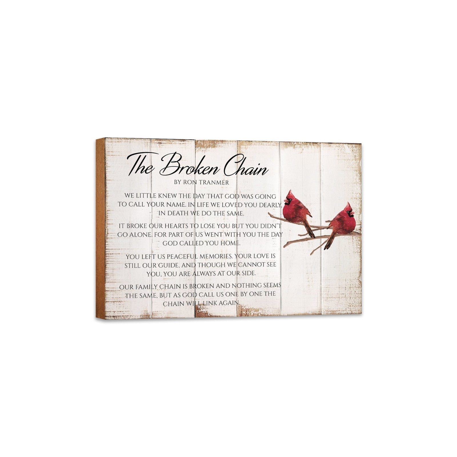 The Broken Chain memorial plaque with red cardinals on rustic white wood.
