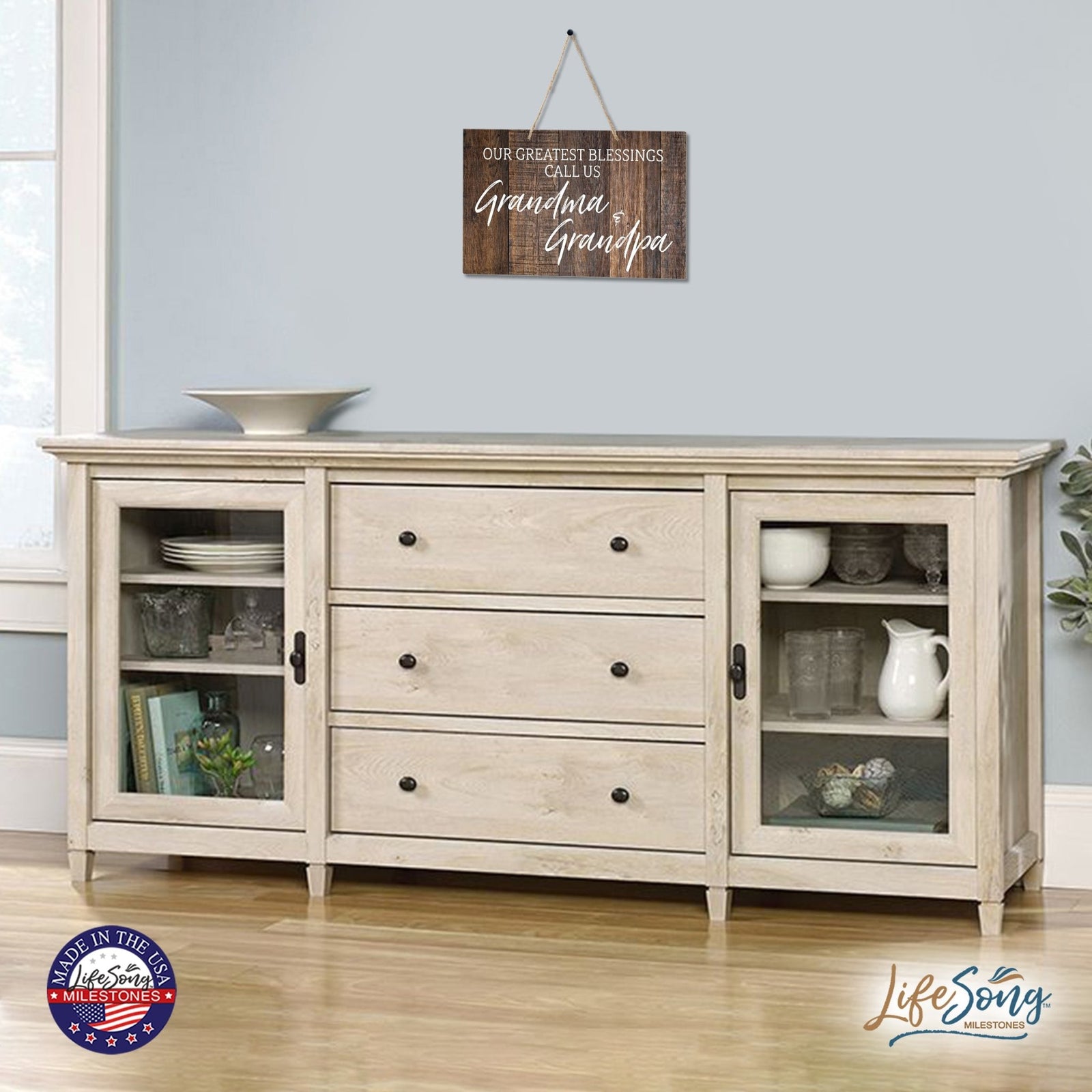 Inspirational Wooden Wall Hanging Rope Sign For Grandparents 12” x 8”- Our Greatest Blessing - LifeSong Milestones