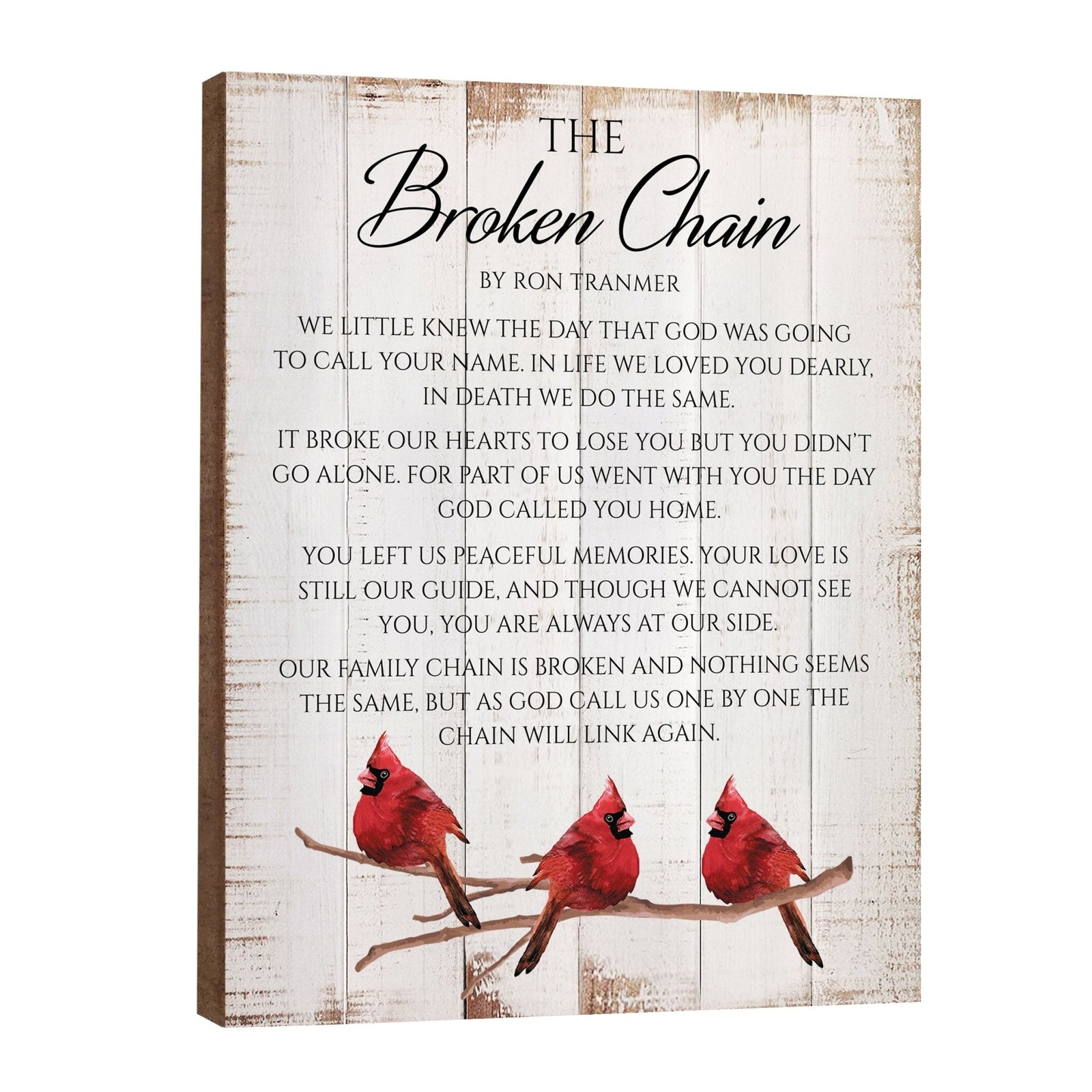 Front view of Broken Chain memorial wall plaque with Ron Tranmer poem and red cardinals.