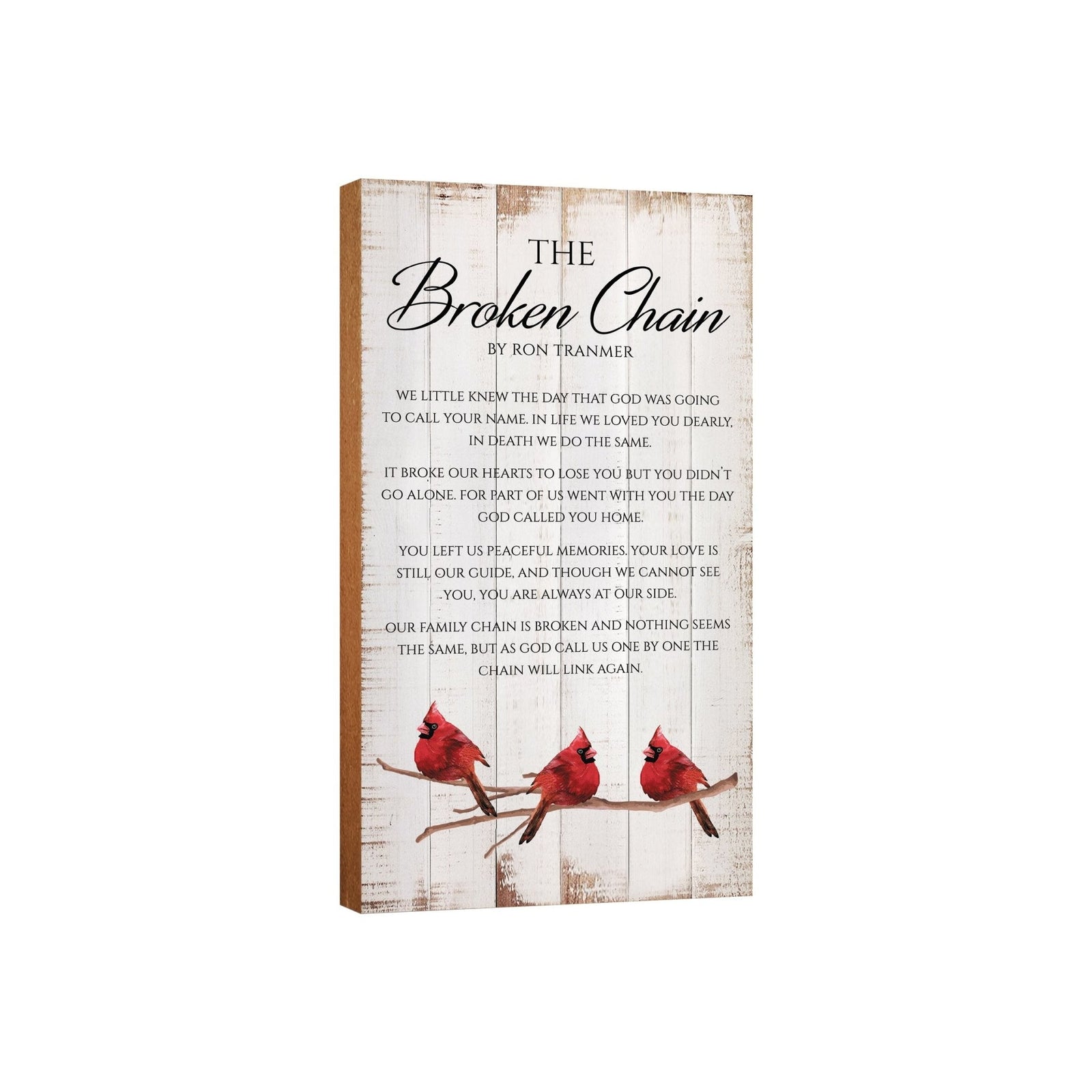 Broken Chain memorial wall plaque with poem by Ron Tranmer featuring red cardinal artwork – rustic wooden sympathy gift.