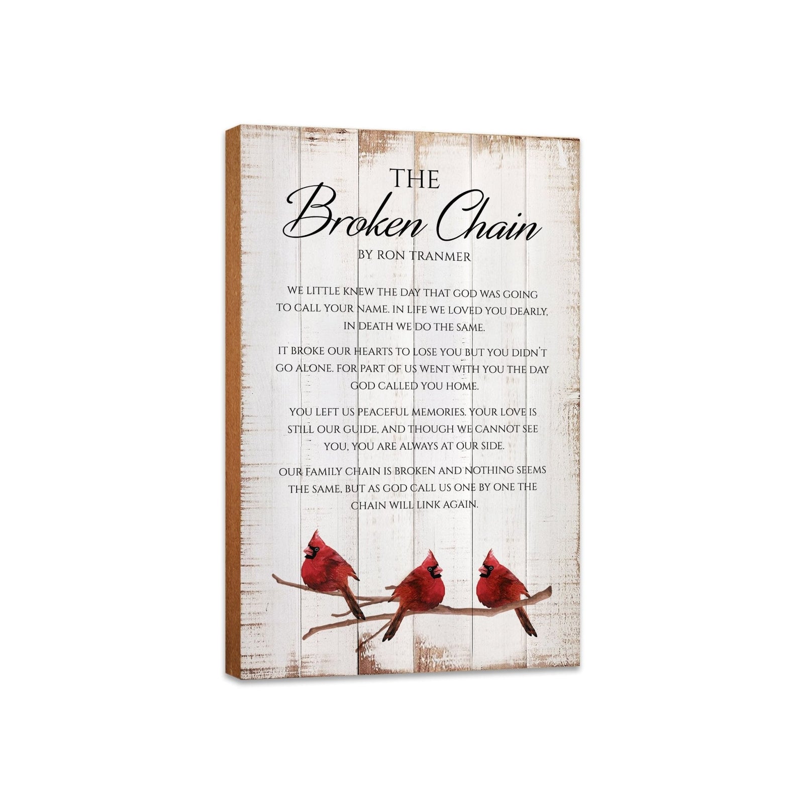 Broken Chain rustic wooden memorial sign with poem and cardinal artwork – handcrafted sympathy wall décor.
