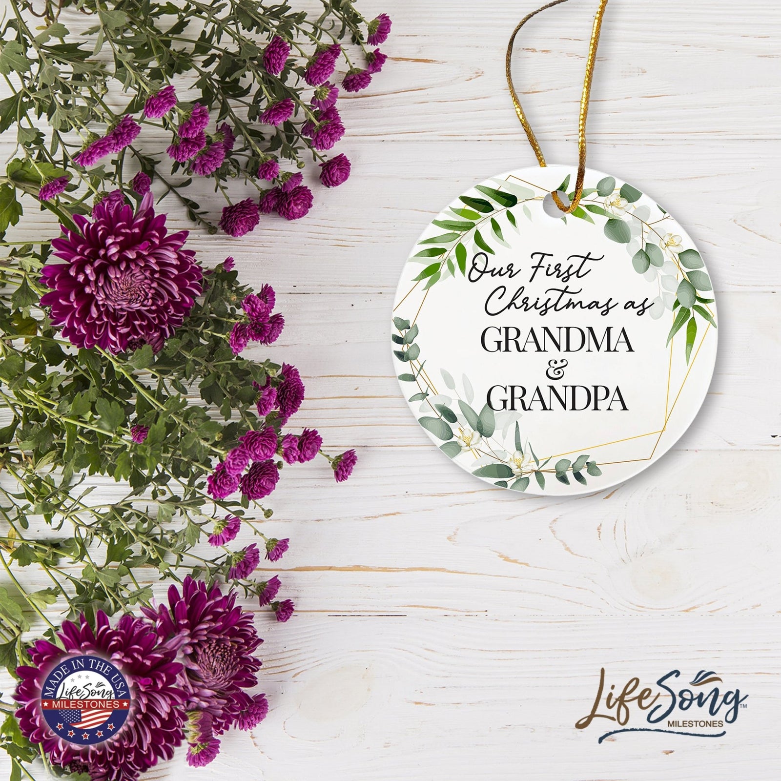 Inspiring 2.75in Christmas Ceramic White Round Ornament for Grandparents - Our First Christmas - LifeSong Milestones