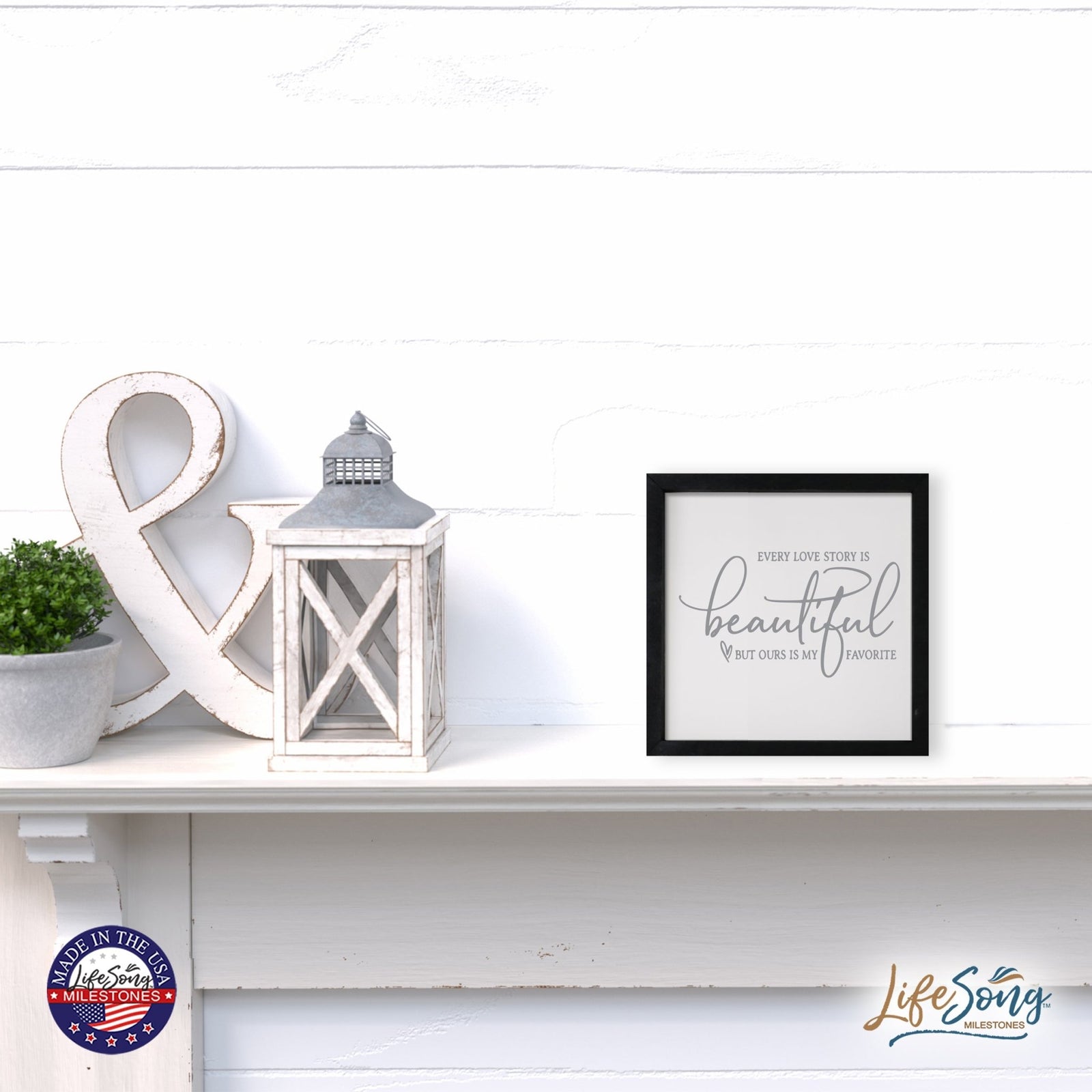 Inspiring Modern Framed Shadow Box 7x7in - Every Love Story Is Beautiful (Script) - LifeSong Milestones