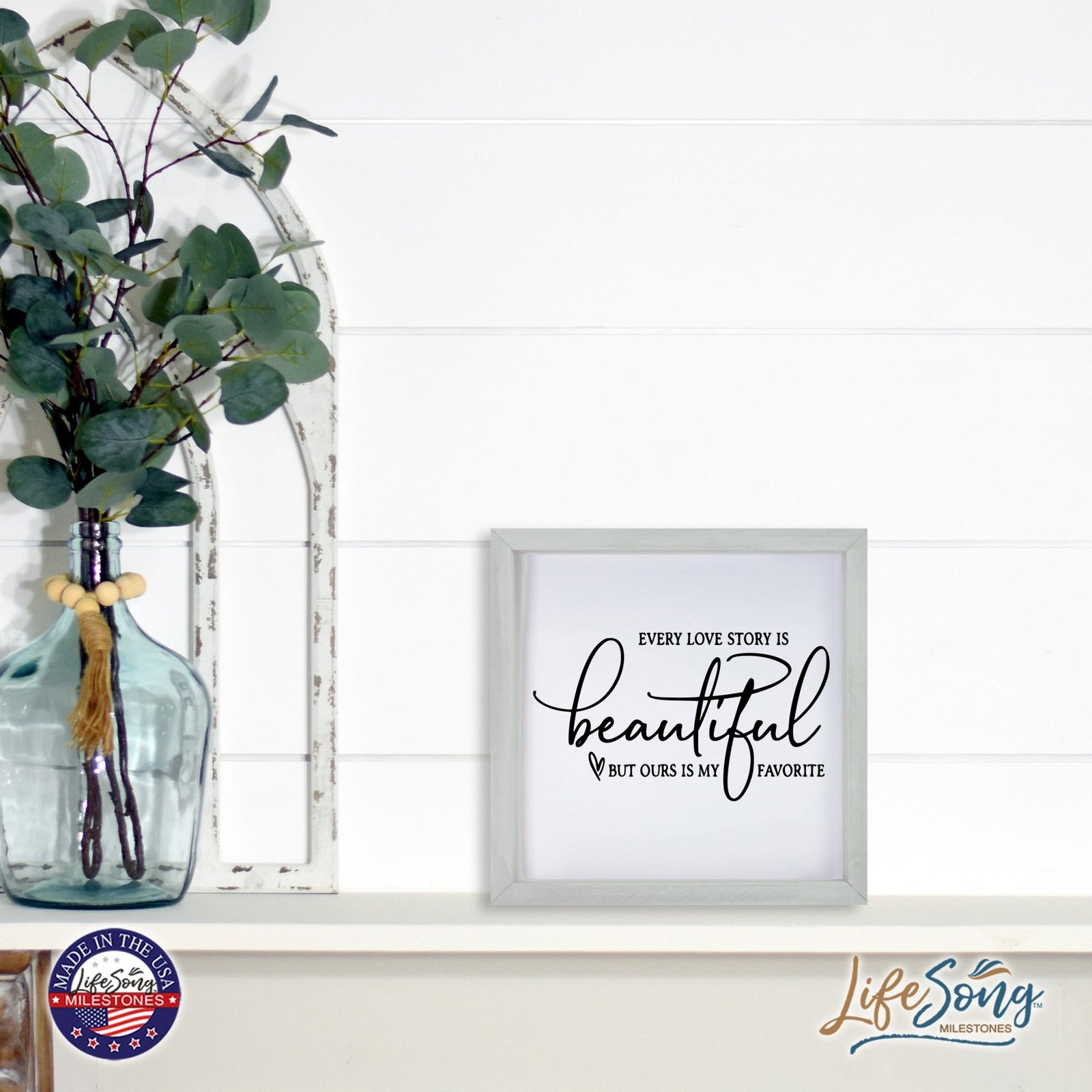 Inspiring Modern Framed Shadow Box 7x7in - Every Love Story Is Beautiful (Script) - LifeSong Milestones