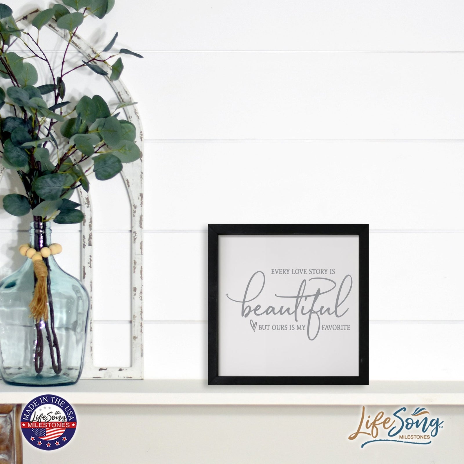 Inspiring Modern Framed Shadow Box 7x7in - Every Love Story Is Beautiful (Script) - LifeSong Milestones