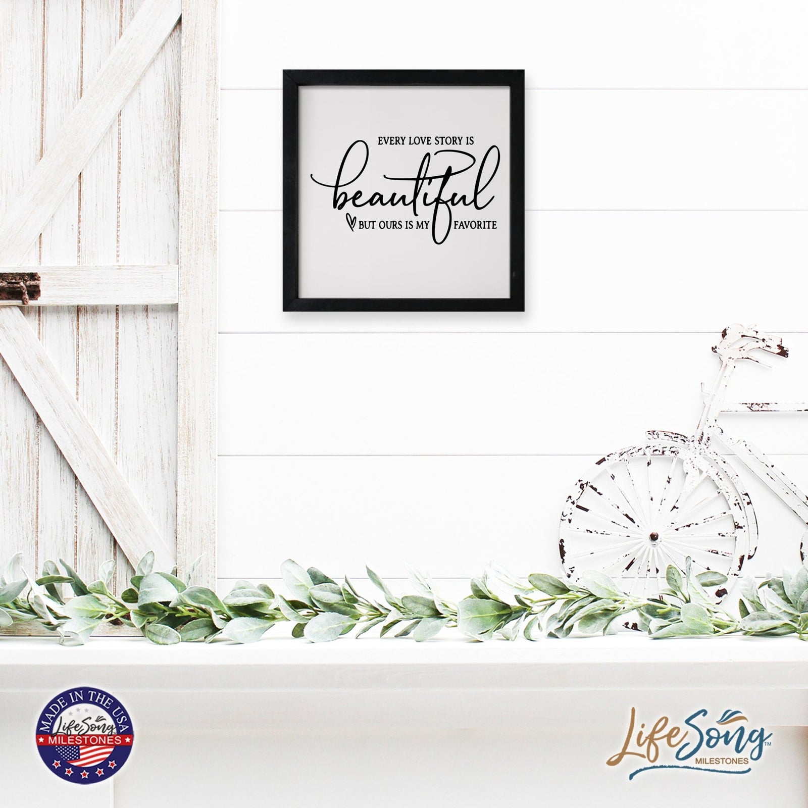 Inspiring Modern Framed Shadow Box 7x7in - Every Love Story Is Beautiful (Script) - LifeSong Milestones