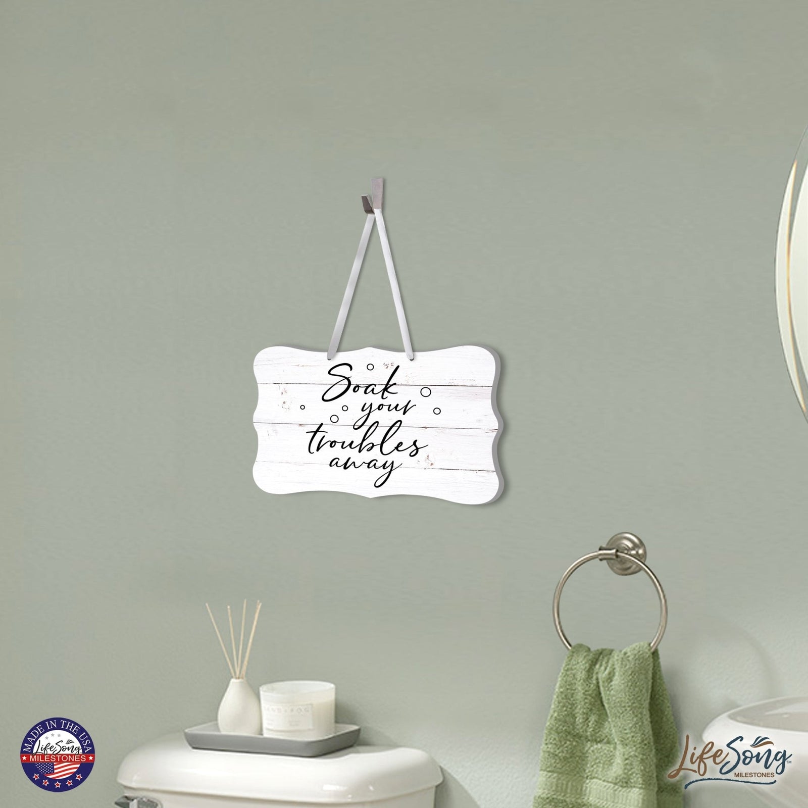 Inspiring Wooden Ribbon Sign Wall Decor 8” x 12” (Soak Your Troubles) - LifeSong Milestones