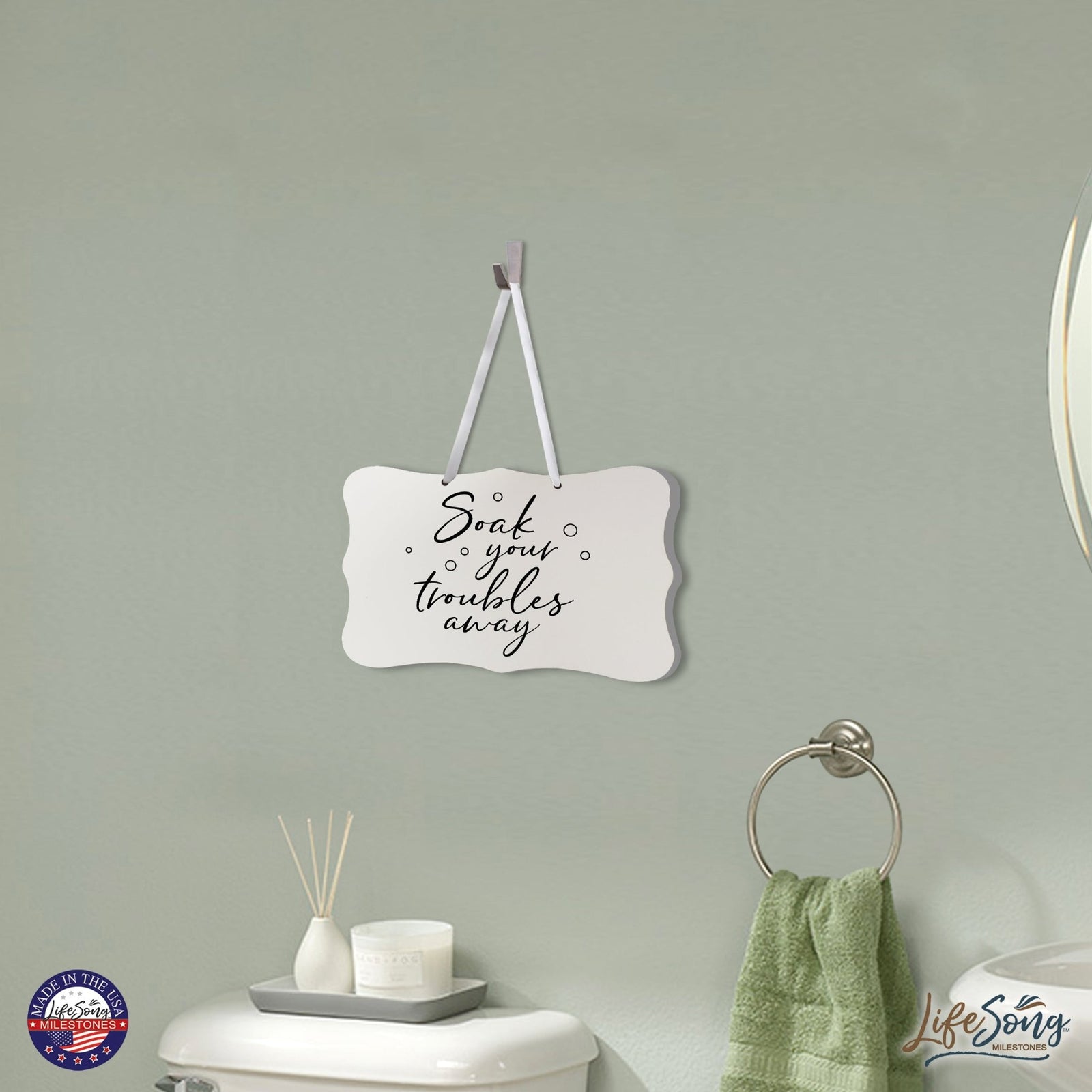 Inspiring Wooden Ribbon Sign Wall Decor 8” x 12” (Soak Your Troubles) - LifeSong Milestones
