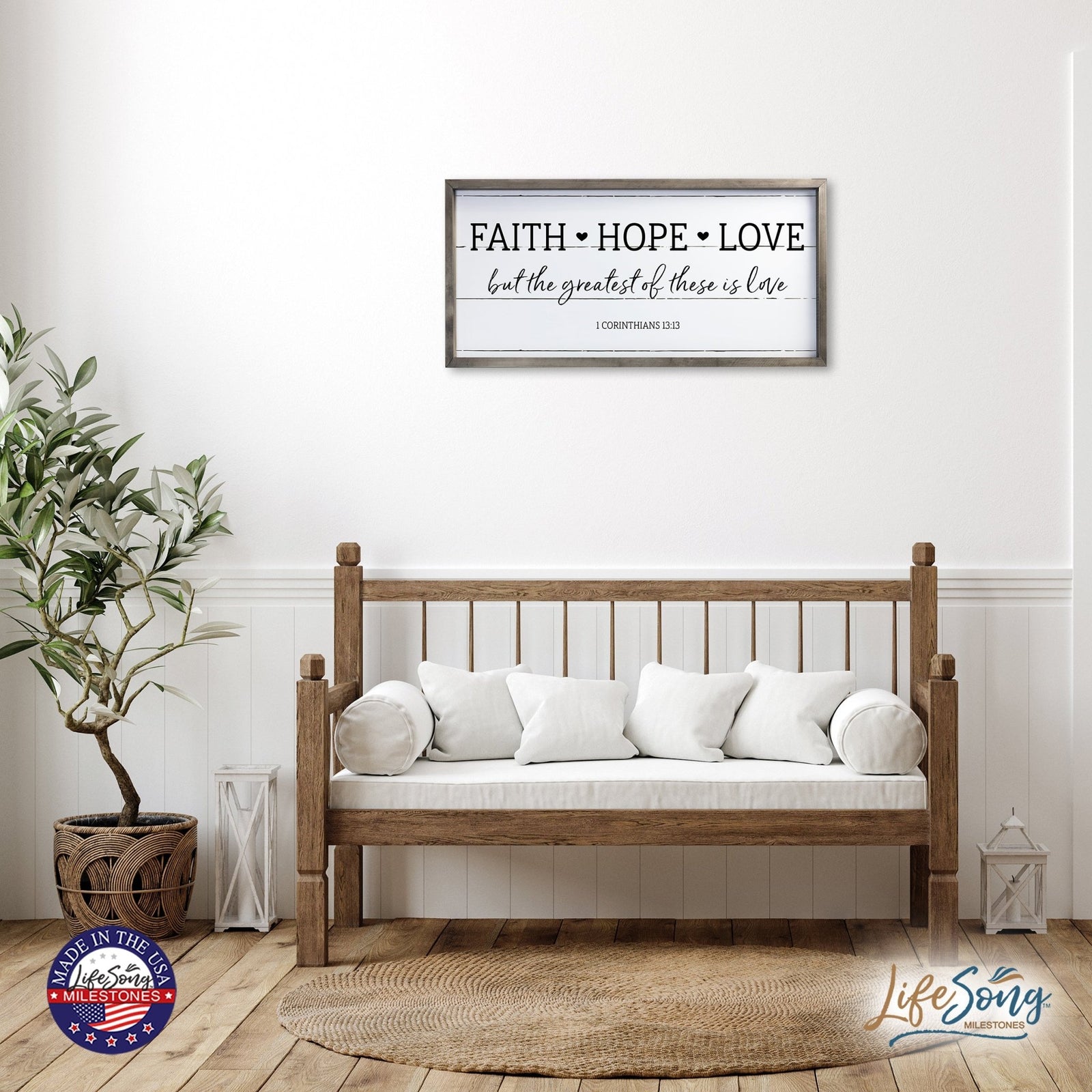 Large Family Wall Décor Quote Sign For Home Decoration 18 x 36 - Faith Hope Love - LifeSong Milestones