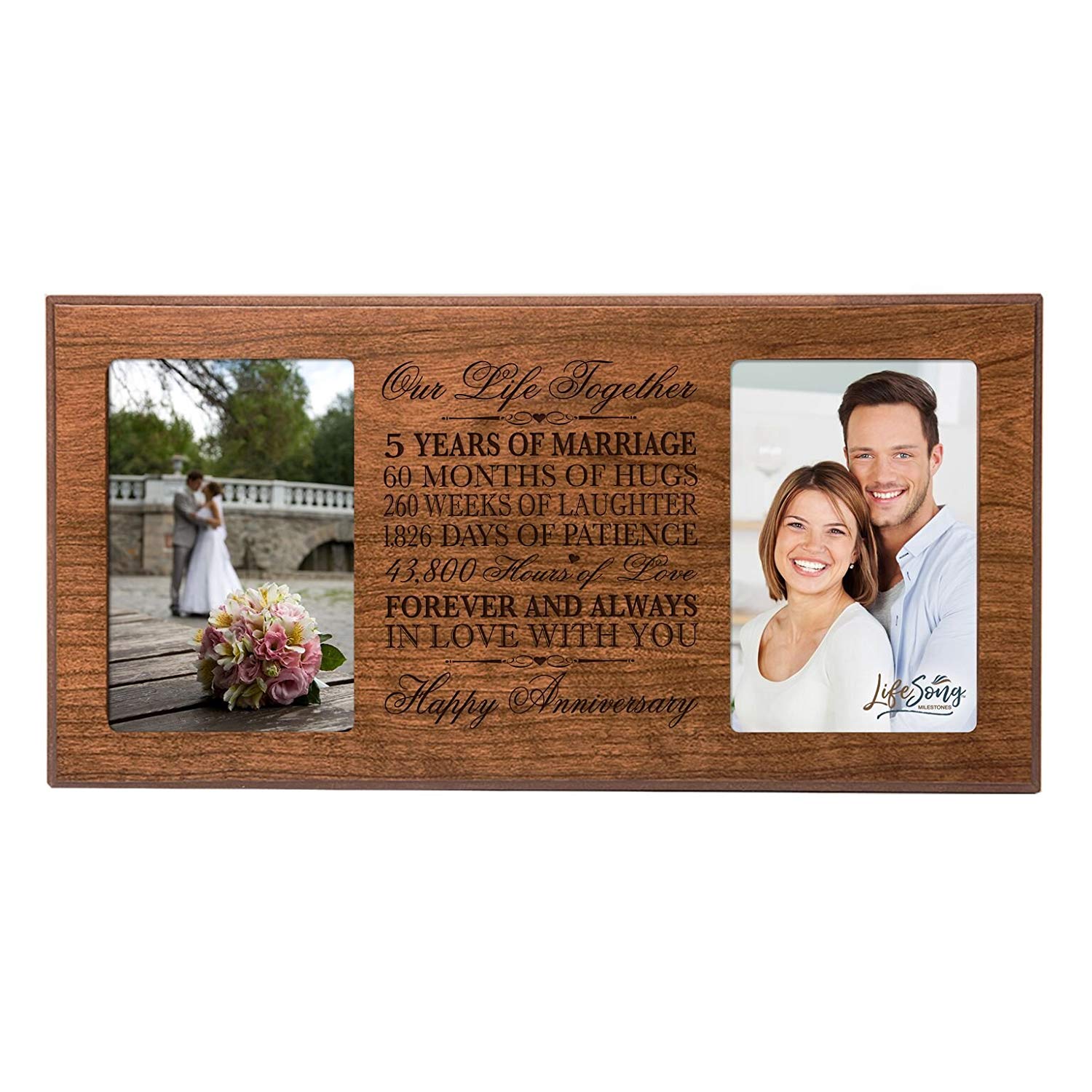 LifeSong Milestones 5th Wedding Anniversary Picture frame Gift with anniversary dates holds 2 4x6 photos - LifeSong Milestones