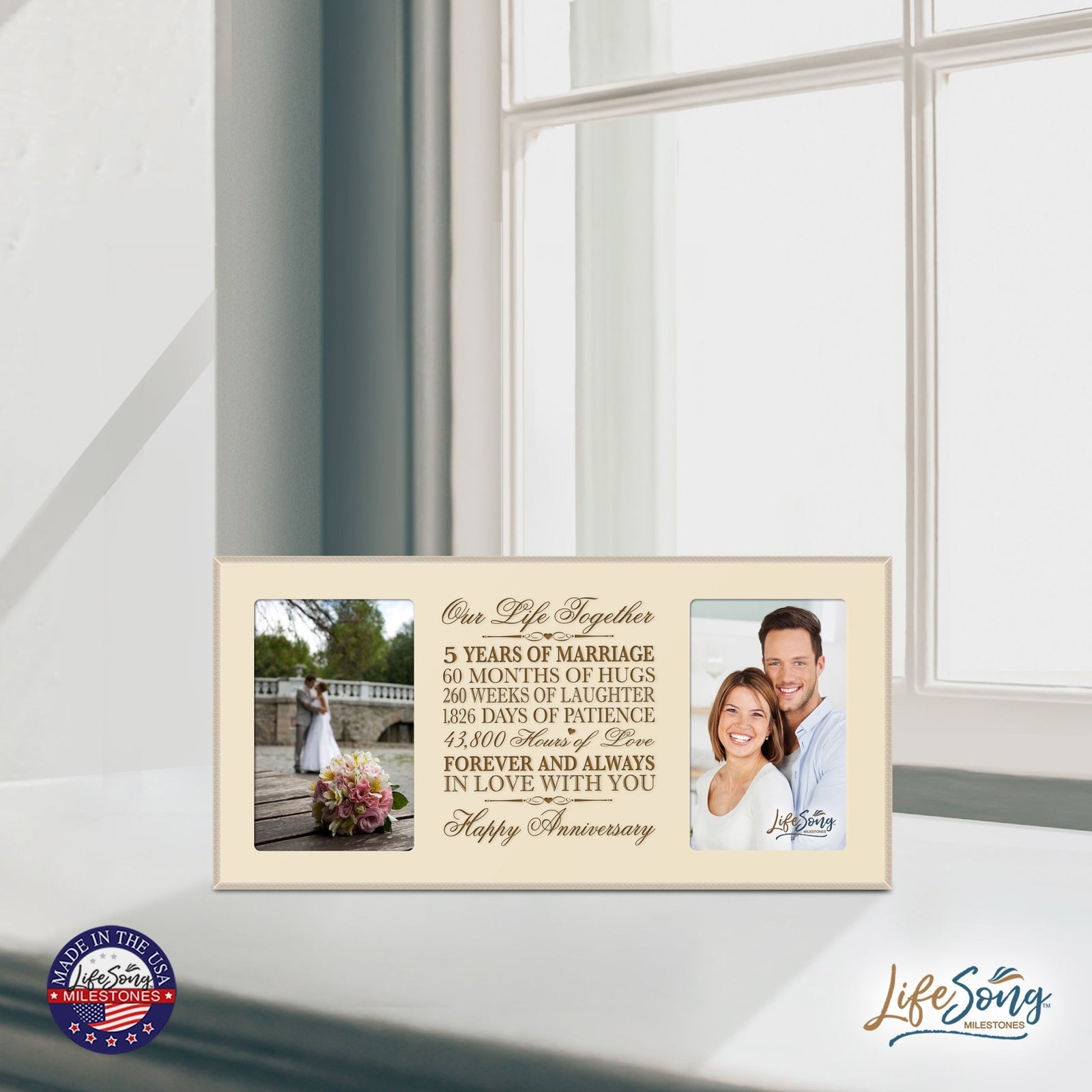 LifeSong Milestones 5th Wedding Anniversary Picture frame Gift with anniversary dates holds 2 4x6 photos - LifeSong Milestones