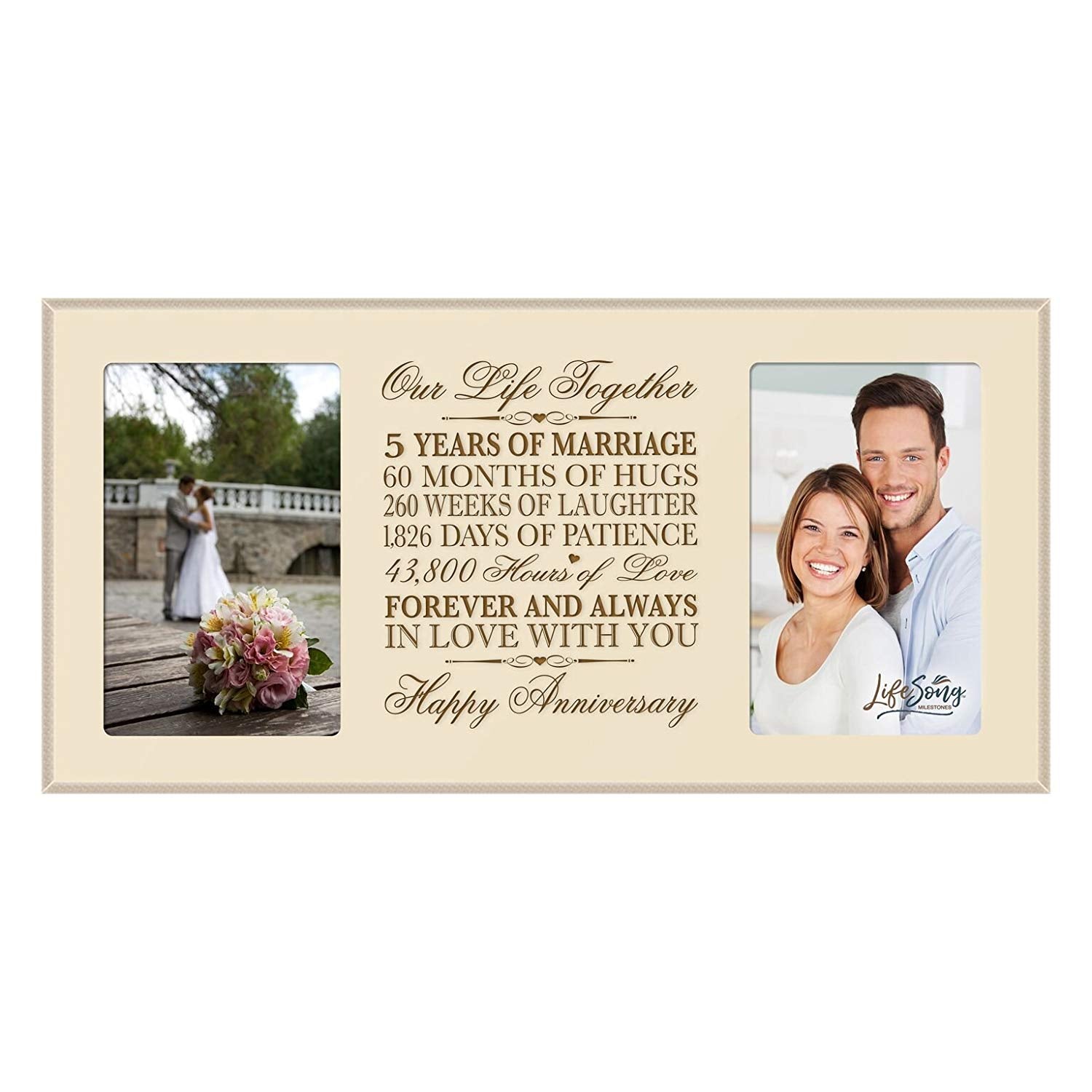 LifeSong Milestones 5th Wedding Anniversary Picture frame Gift with anniversary dates holds 2 4x6 photos - LifeSong Milestones