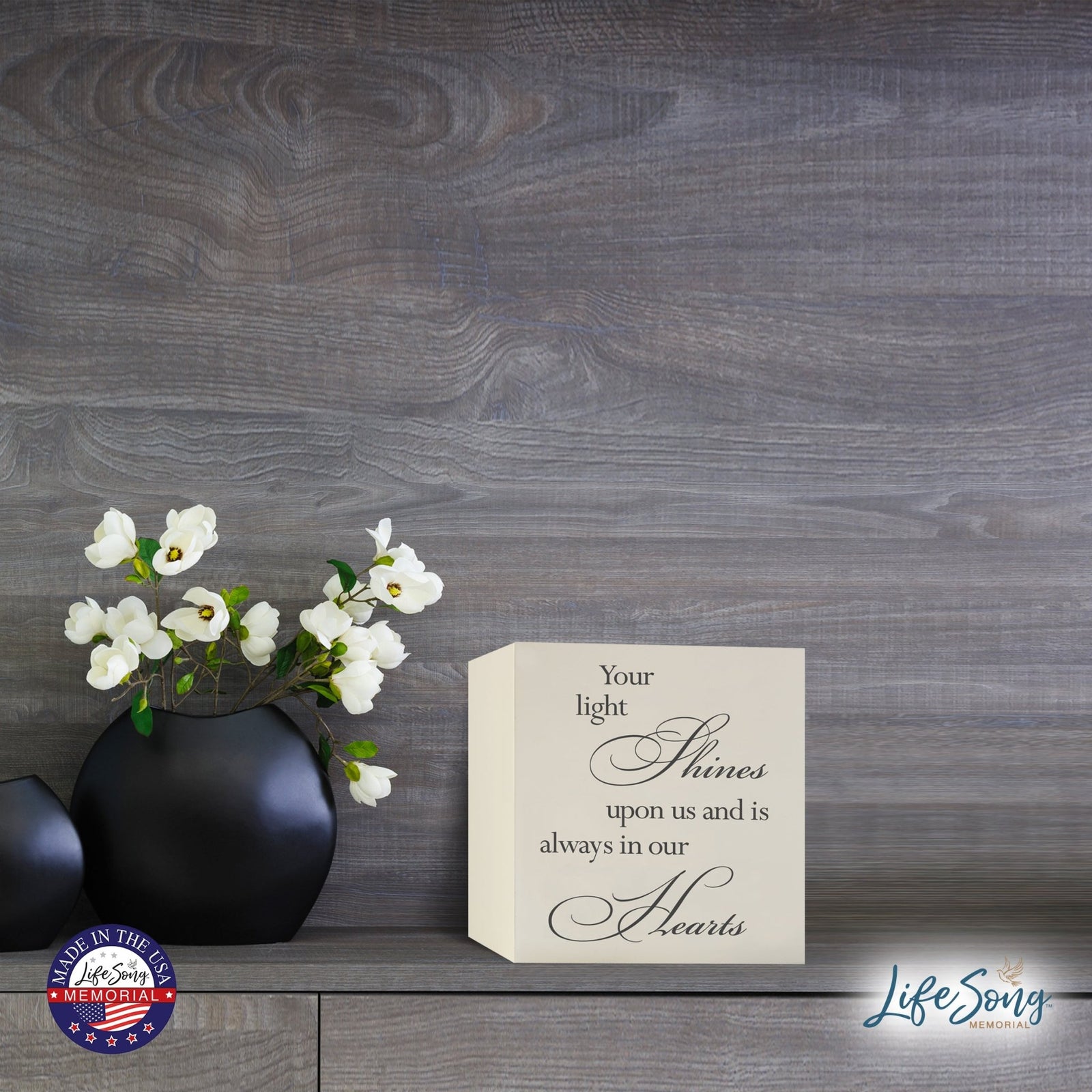 Memorial Bereavement Keepsake Cremation Shadow Box and Urn 6x6in Holds 53 Cu Inches Of Human Ashes Your Light Shines - LifeSong Milestones