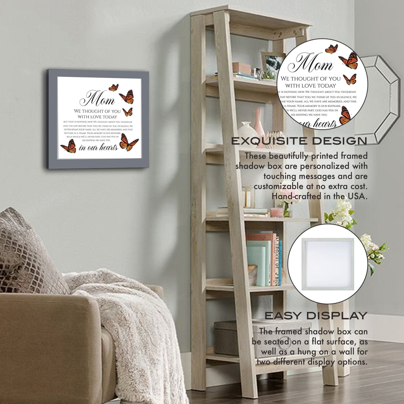 A framed shadow box with a heartfelt memorial tribute inside