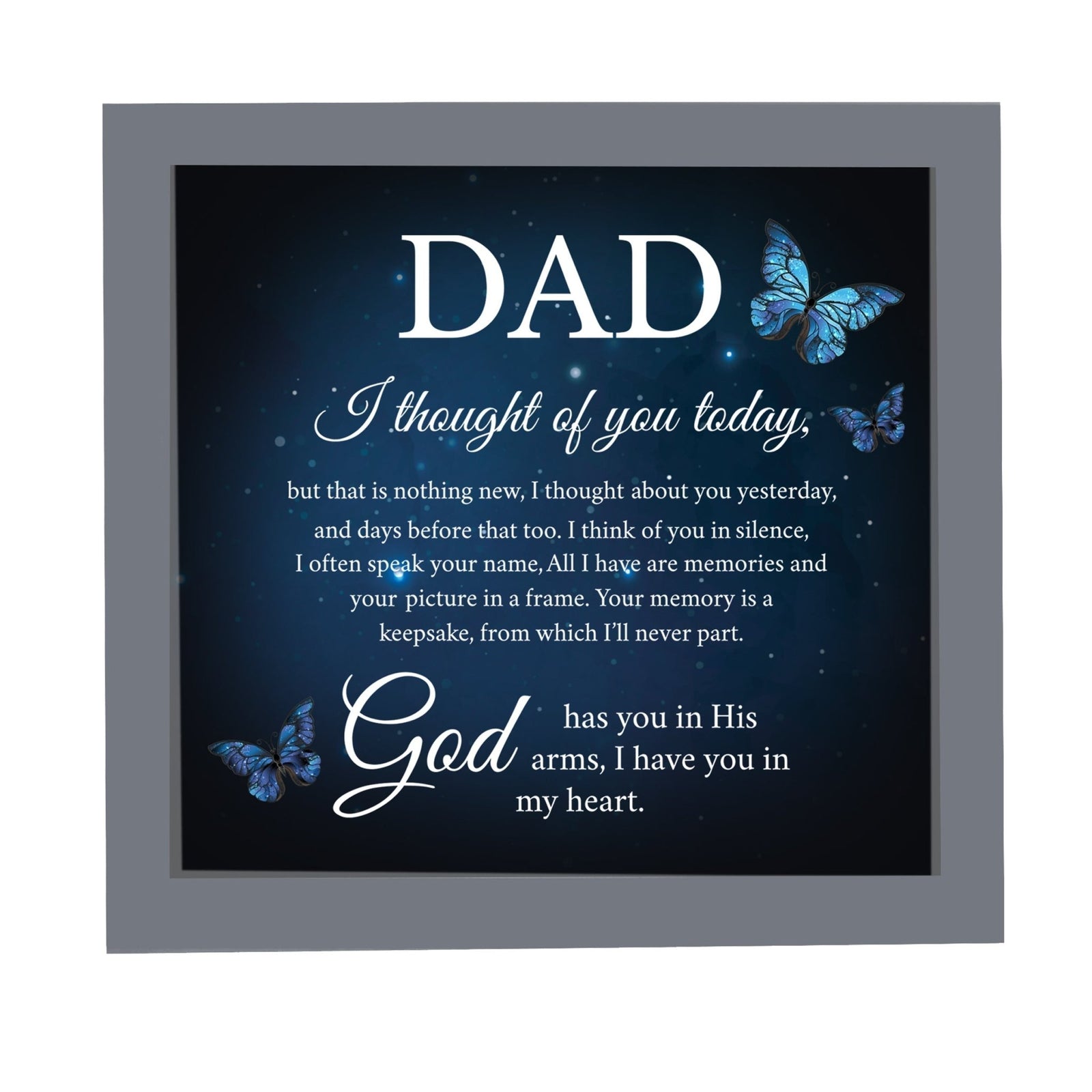 A framed shadow box with a heartfelt memorial tribute inside