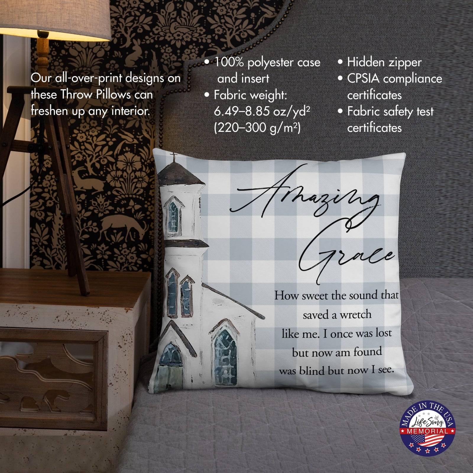 Memorial Themed Cozy Throw Pillow Bereavement Sympathy Gift For the Loss Of A Loved One - Amazing Grace - LifeSong Milestones