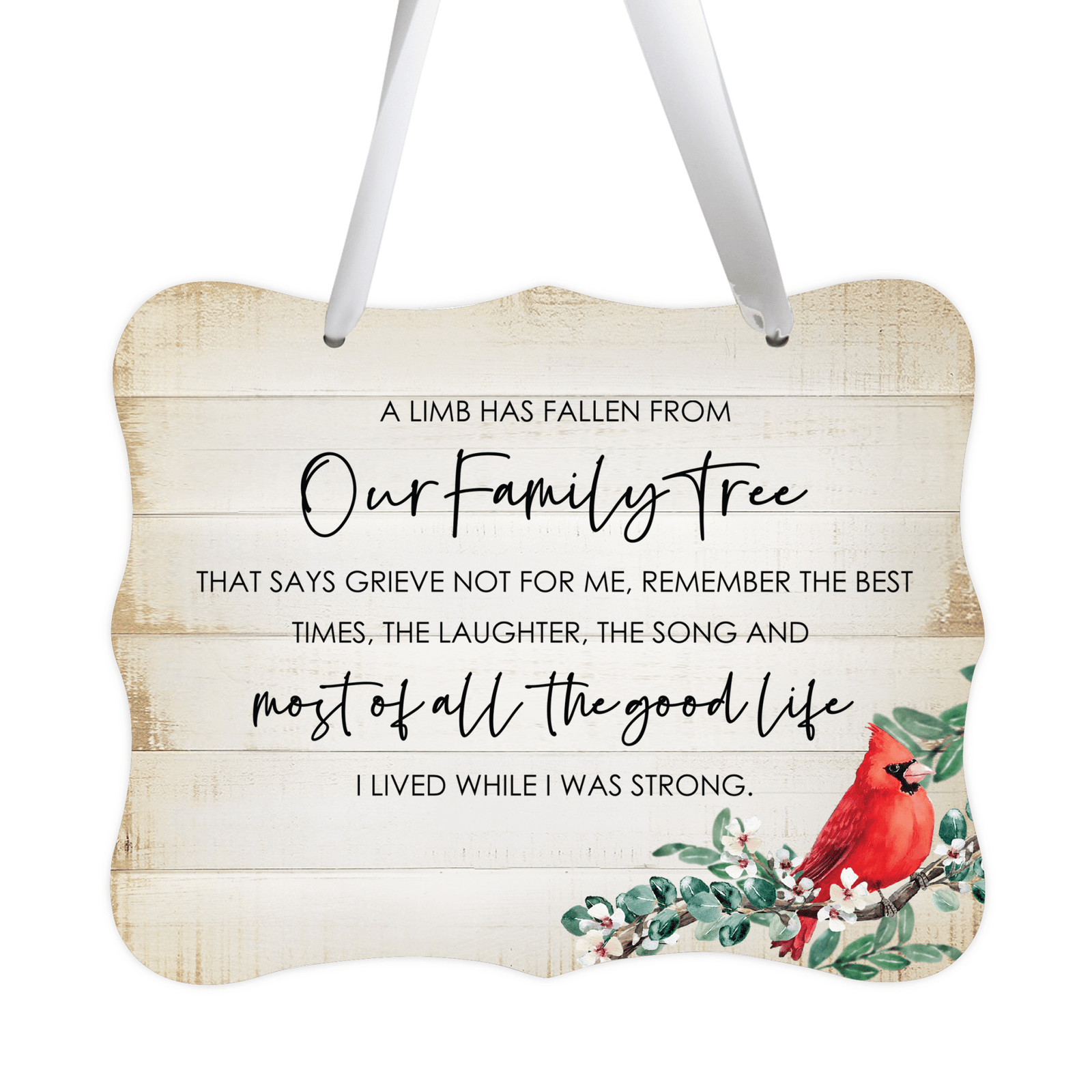 A memorial wall hanging sign adorned with a cardinal ribbon, a symbol of remembrance.
