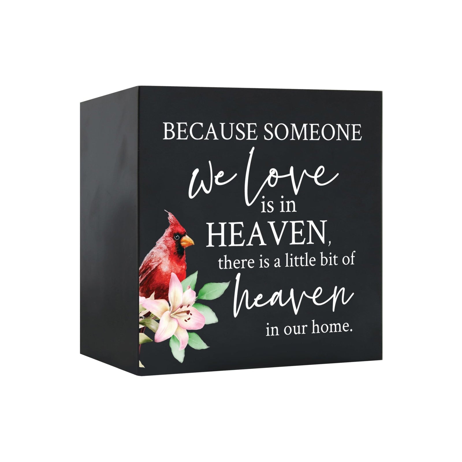 Close-up of a beautiful wooden shadow box urn for human ashes, accented with a red cardinal and white flowers. This adult memorial urn is both a heartfelt tribute and a decorative piece.