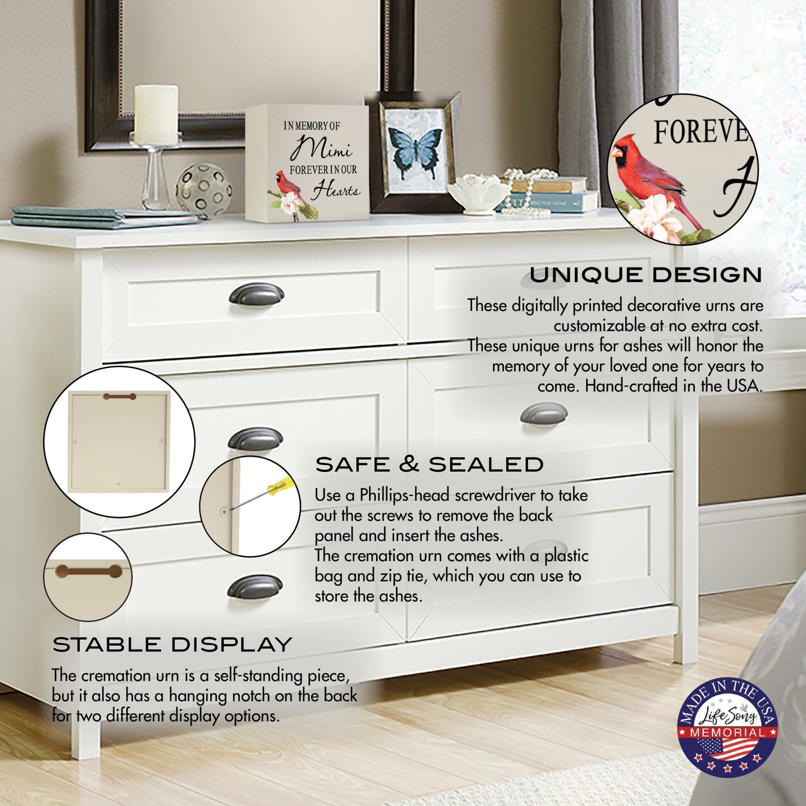 Wooden shadow box urn for human ashes. The urn, adorned with a red cardinal and floral accents, is displayed atop a white dresser in a serene bedroom setting, with informational callouts highlighting its stable design, secure closure, and hanging display option. Perfect for adult memorial tributes.