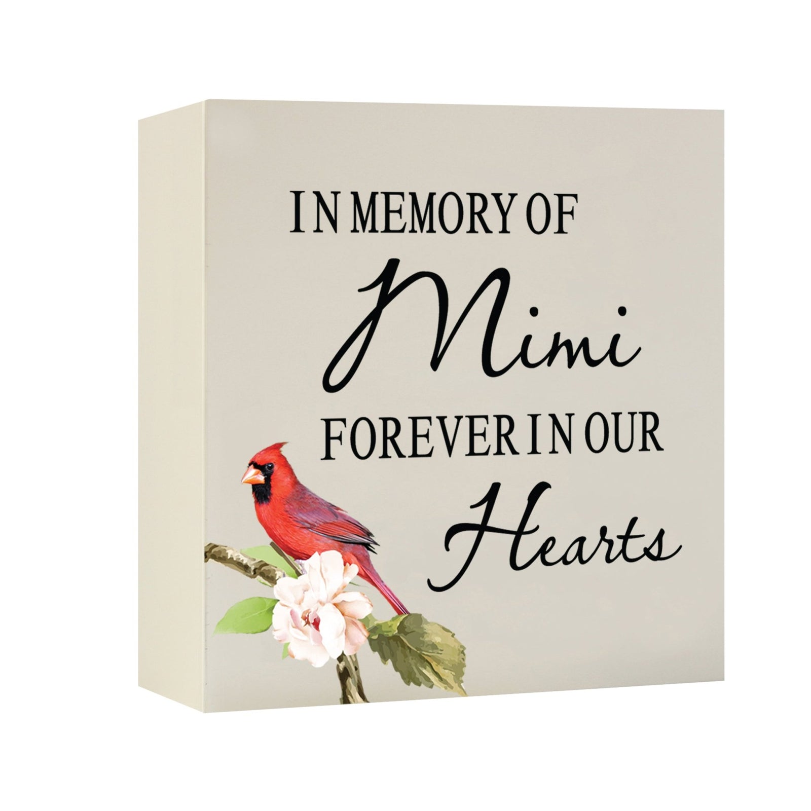 Close-up of a beautiful wooden shadow box urn for human ashes, accented with a red cardinal and white flowers. This adult memorial urn is both a heartfelt tribute and a decorative piece.