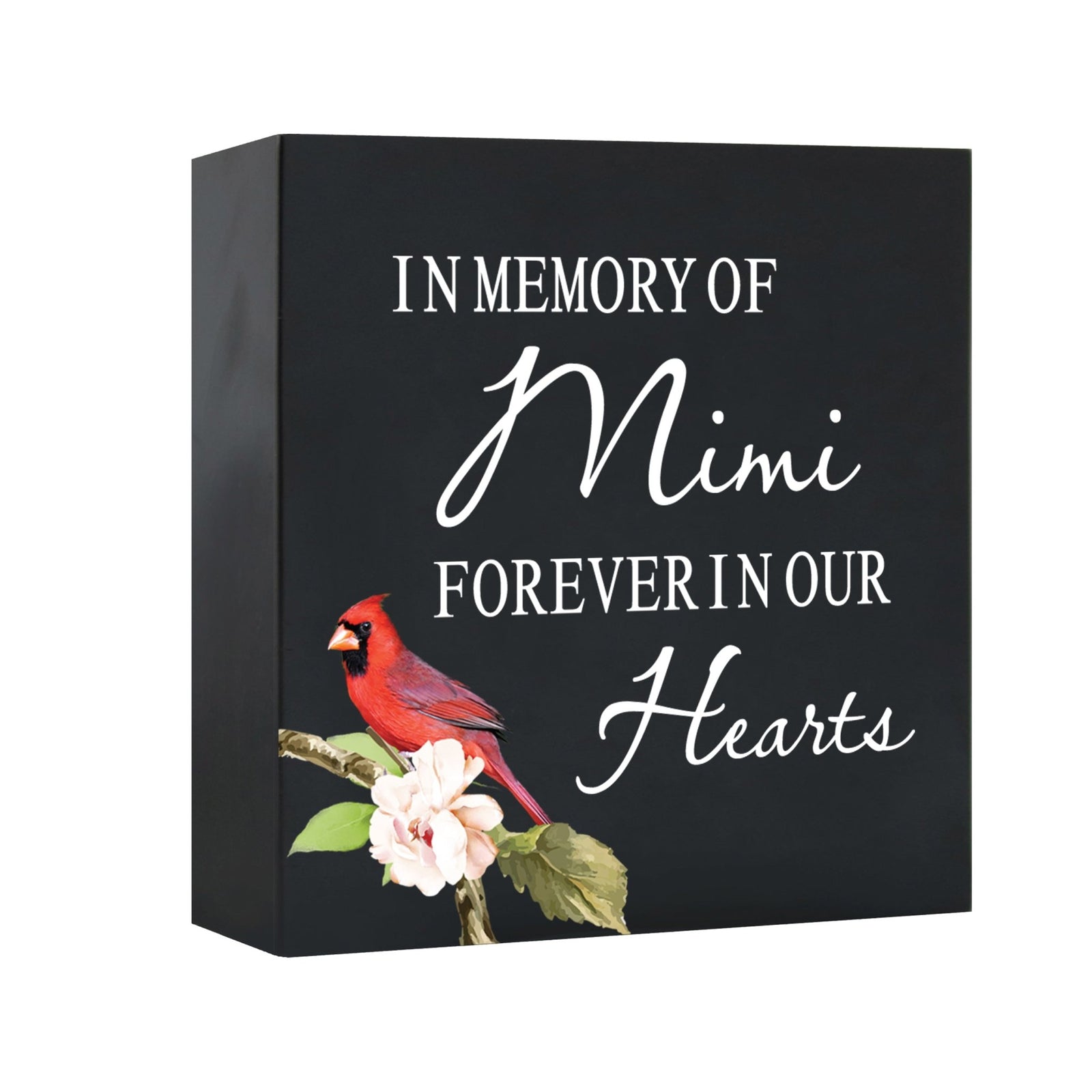 Close-up of a beautiful wooden shadow box urn for human ashes, accented with a red cardinal and white flowers. This adult memorial urn is both a heartfelt tribute and a decorative piece.