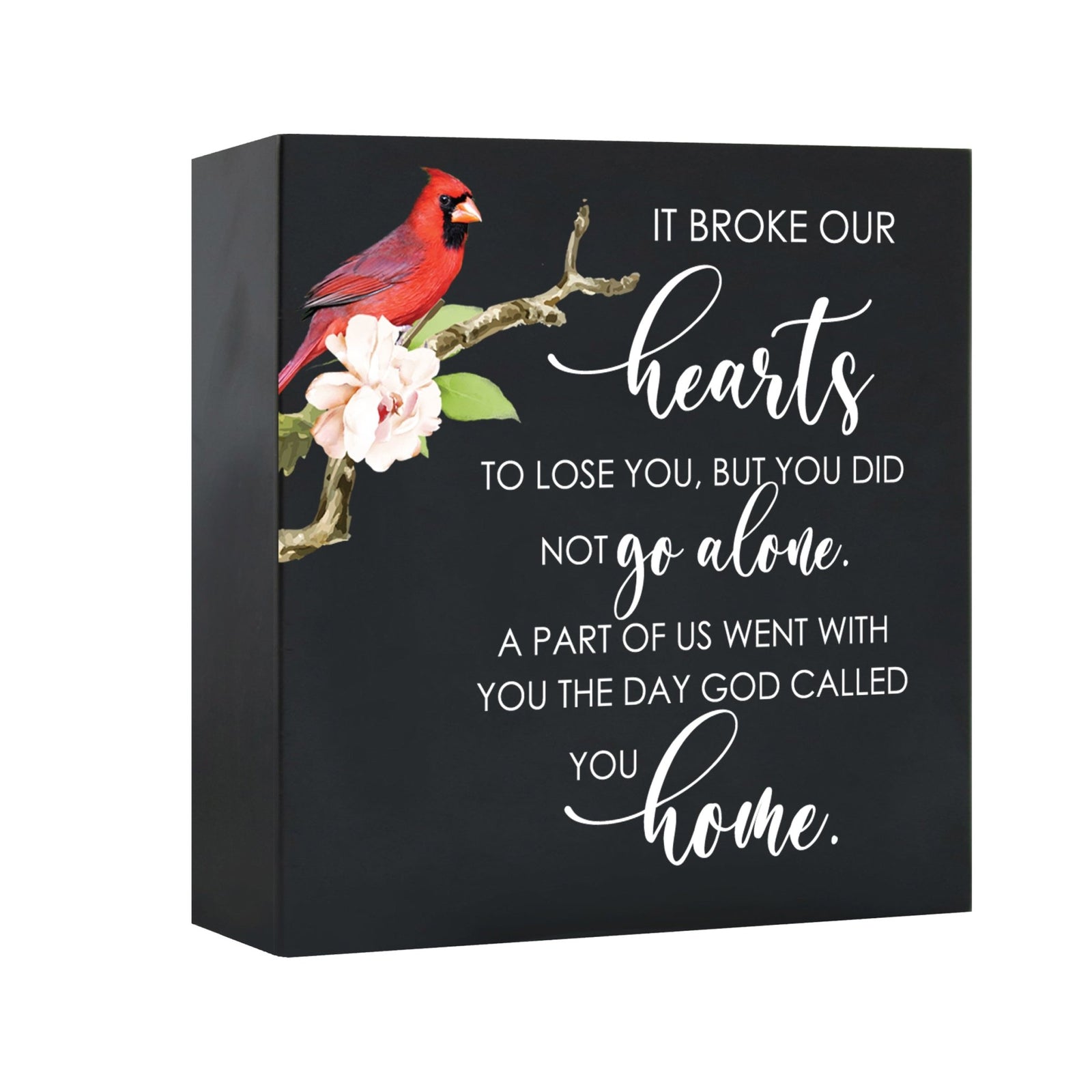 Close-up of a beautiful wooden shadow box urn for human ashes, accented with a red cardinal and white flowers. This adult memorial urn is both a heartfelt tribute and a decorative piece.