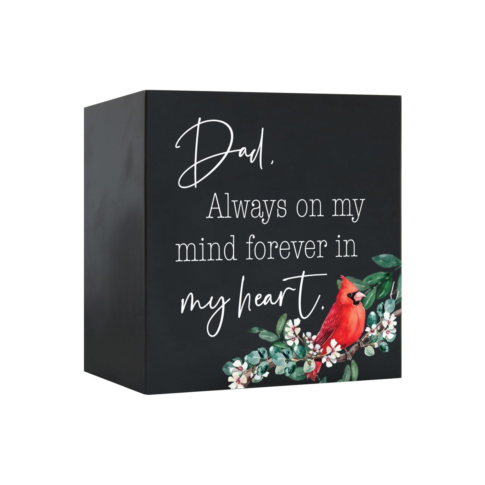 Close-up of a beautiful wooden shadow box urn for human ashes, accented with a red cardinal and white flowers. This adult memorial urn is both a heartfelt tribute and a decorative piece.