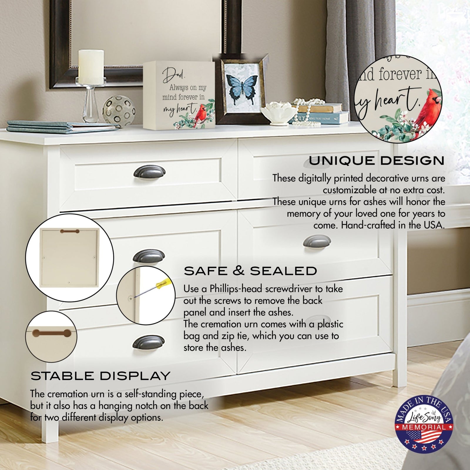 Wooden shadow box urn for dad. The urn, adorned with a red cardinal and floral accents, is displayed atop a white dresser in a serene bedroom setting, with informational callouts highlighting its stable design, secure closure, and hanging display option. Perfect for adult memorial tributes.