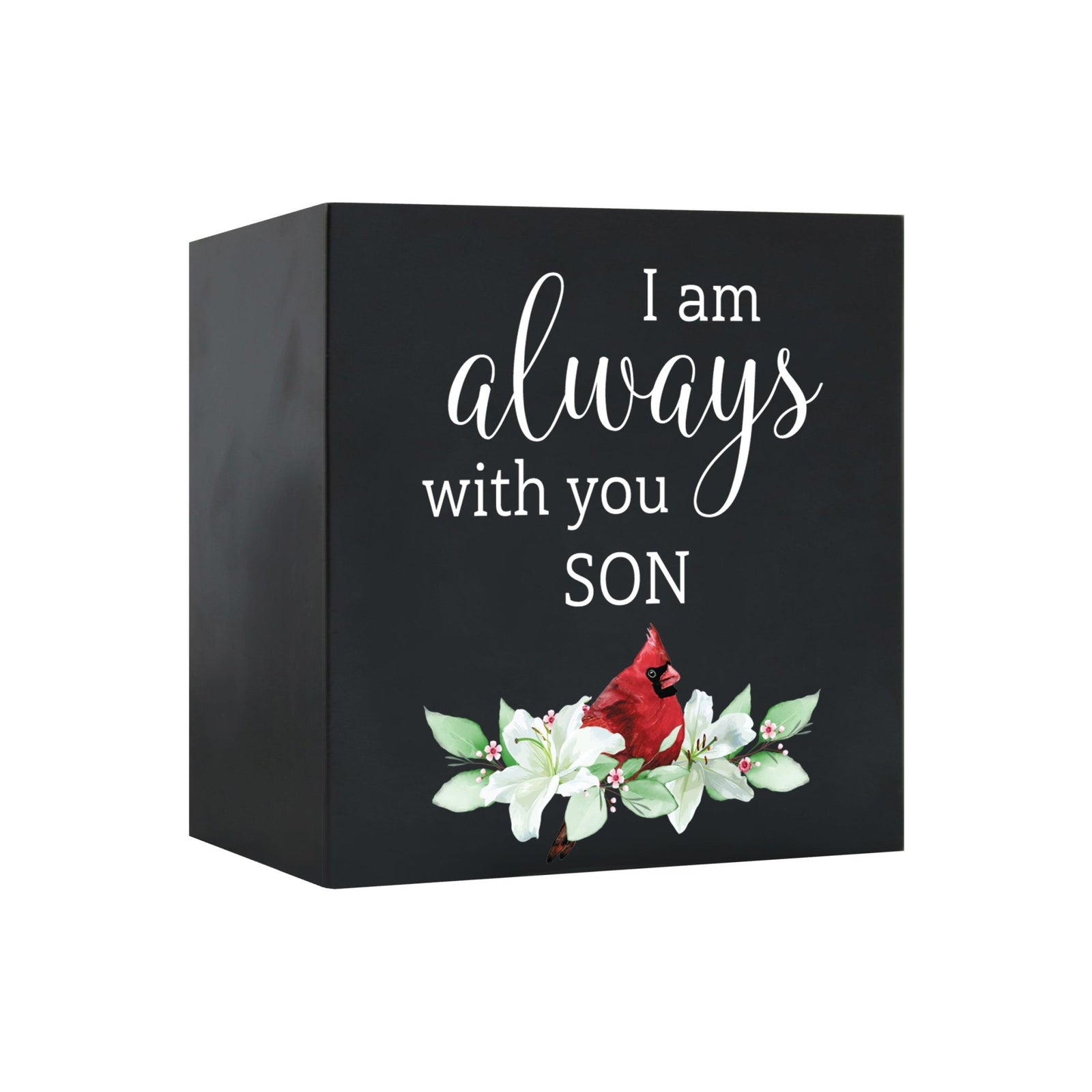 Close-up of a beautiful wooden shadow box urn for human ashes, accented with a red cardinal and white flowers. This adult memorial urn is both a heartfelt tribute and a decorative piece.