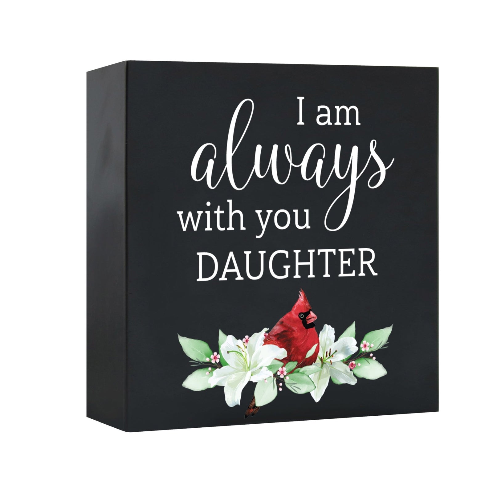 Close-up of a beautiful wooden shadow box urn for human ashes, accented with a red cardinal and white flowers. This adult memorial urn is both a heartfelt tribute and a decorative piece.