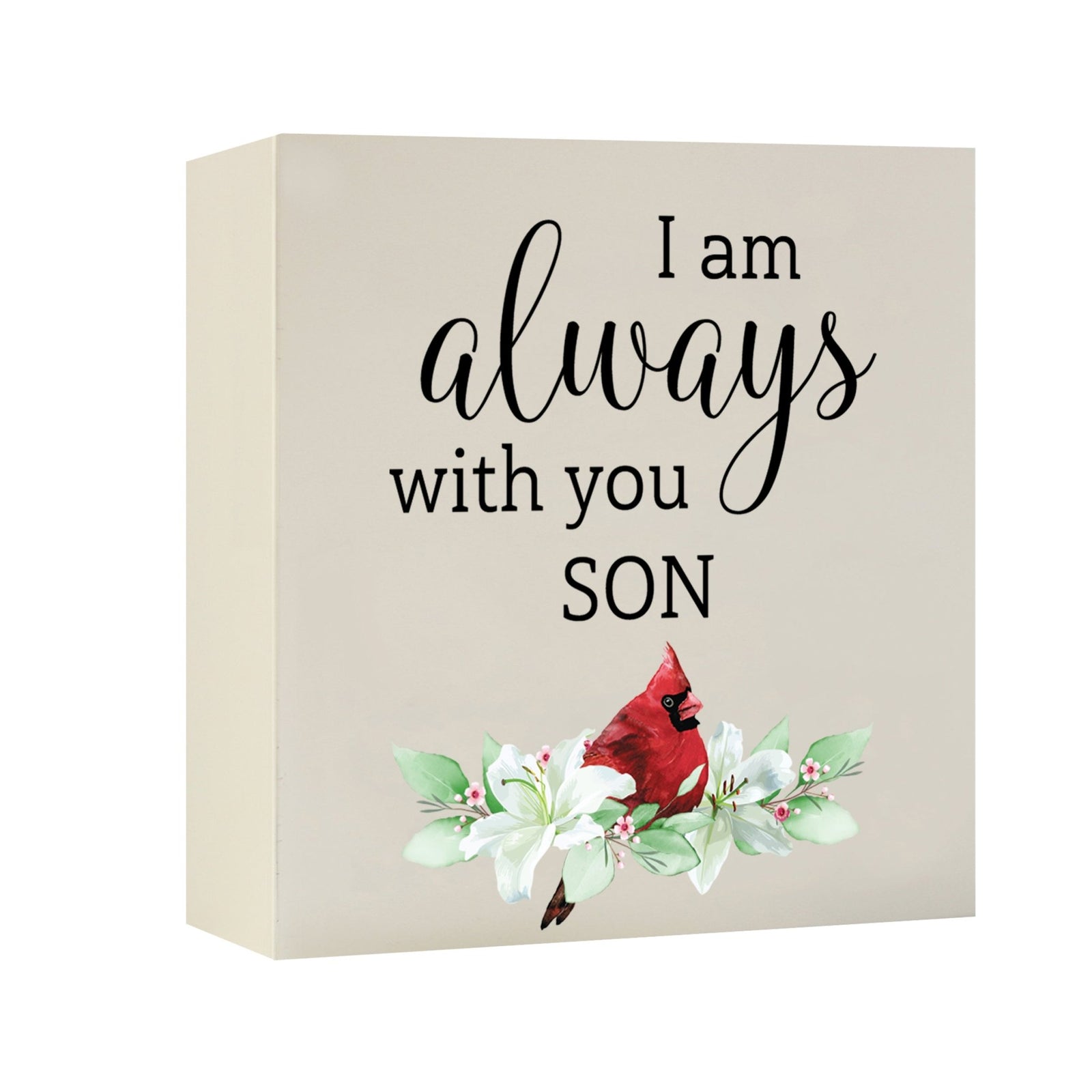 Close-up of a beautiful wooden shadow box urn for human ashes, accented with a red cardinal and white flowers. This adult memorial urn is both a heartfelt tribute and a decorative piece.