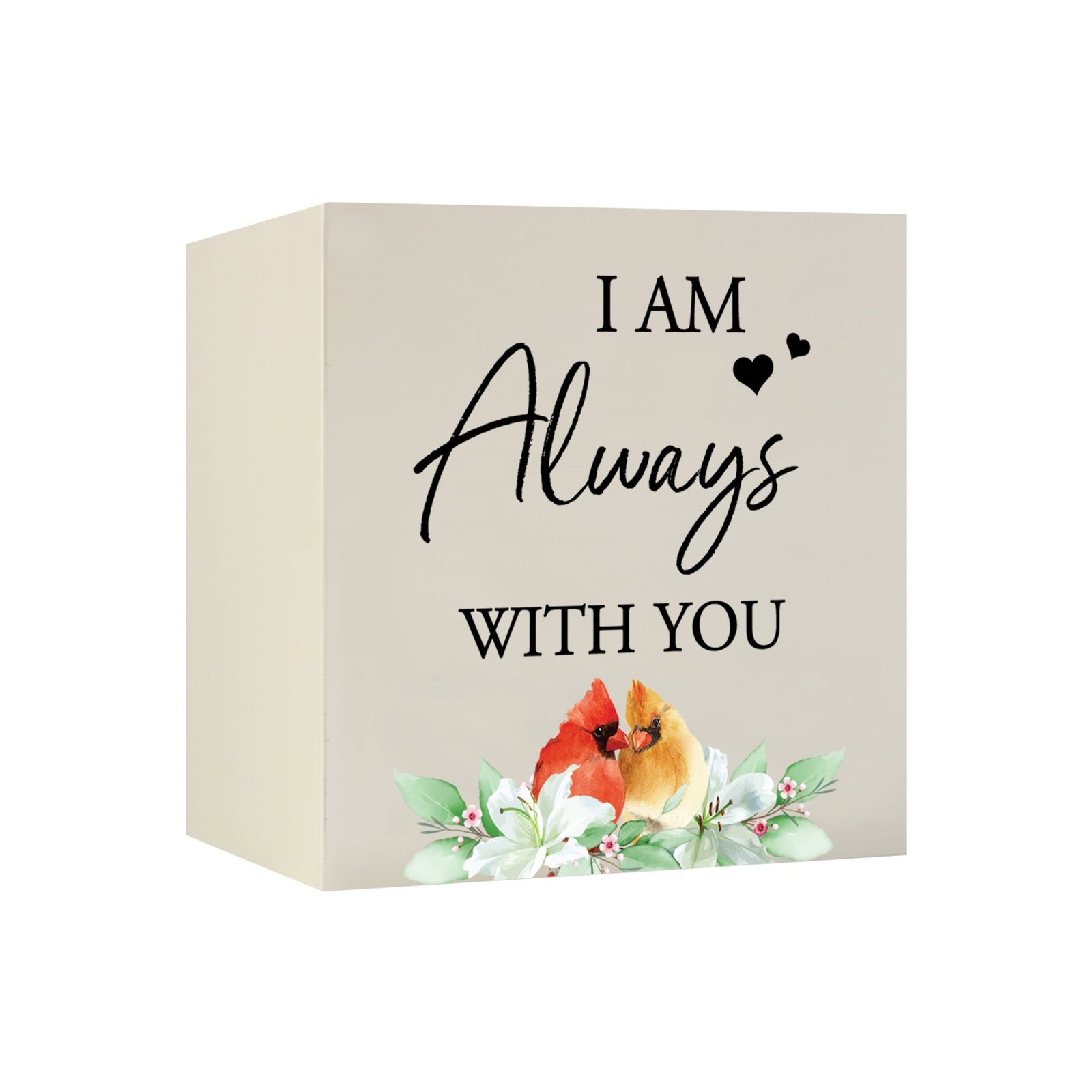 Close-up of a beautiful wooden shadow box urn for human ashes, accented with a red cardinal and white flowers. This adult memorial urn is both a heartfelt tribute and a decorative piece.