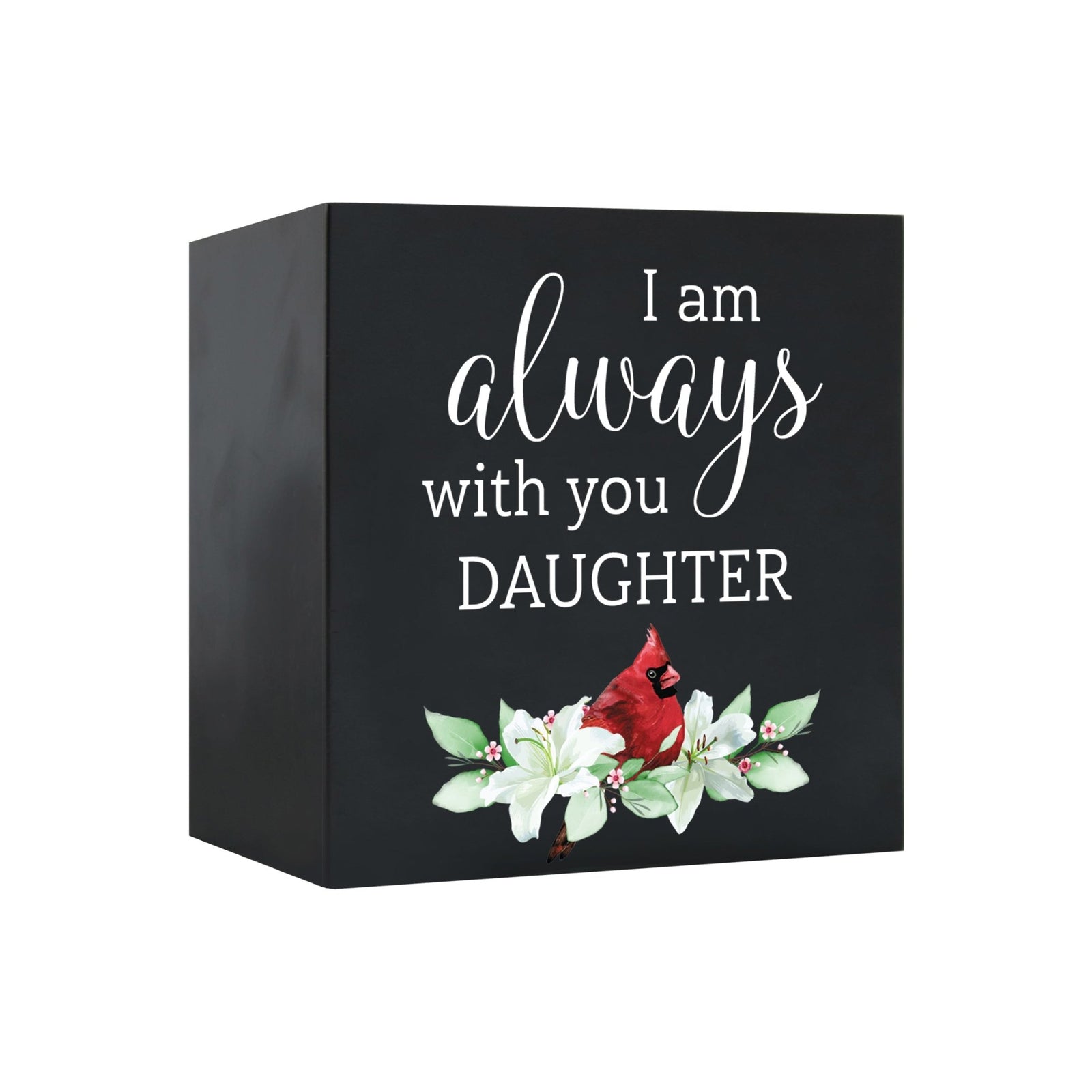 Close-up of a beautiful wooden shadow box urn for human ashes, accented with a red cardinal and white flowers. This adult memorial urn is both a heartfelt tribute and a decorative piece.