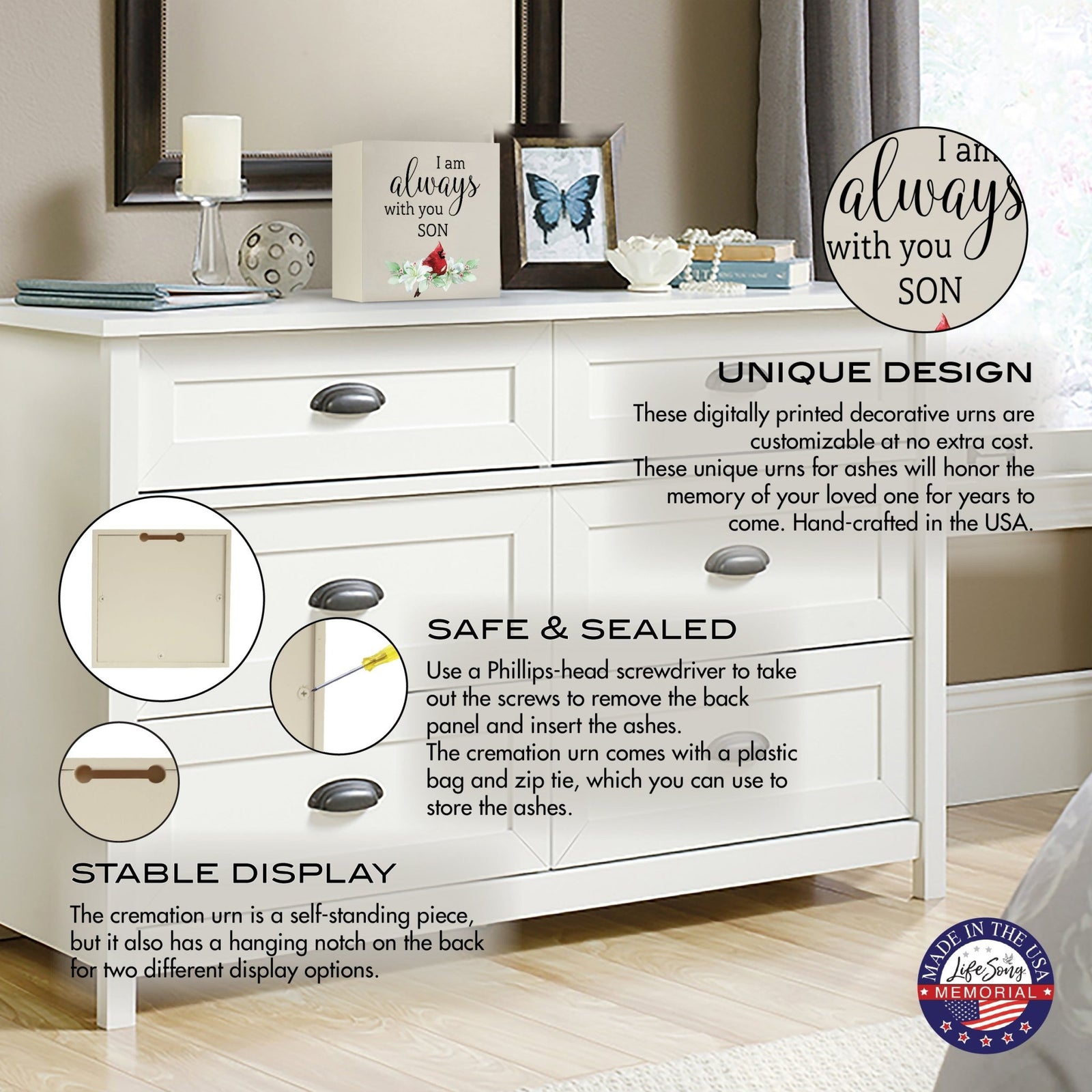 Wooden shadow box urn for human ashes. The urn, adorned with a red cardinal and floral accents, is displayed atop a white dresser in a serene bedroom setting, with informational callouts highlighting its stable design, secure closure, and hanging display option. Perfect for adult memorial tributes.