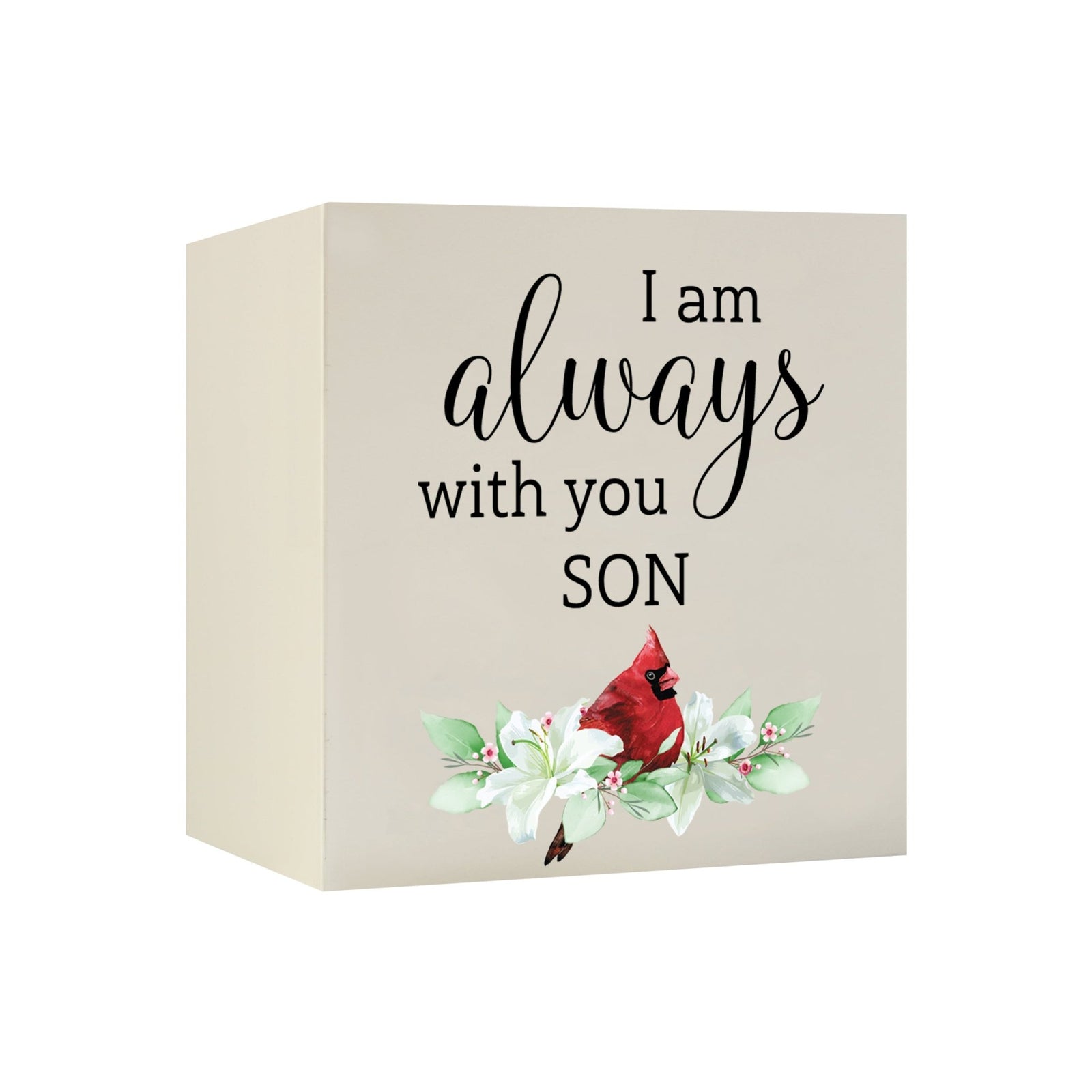 Close-up of a beautiful wooden shadow box urn for human ashes, accented with a red cardinal and white flowers. This adult memorial urn is both a heartfelt tribute and a decorative piece.