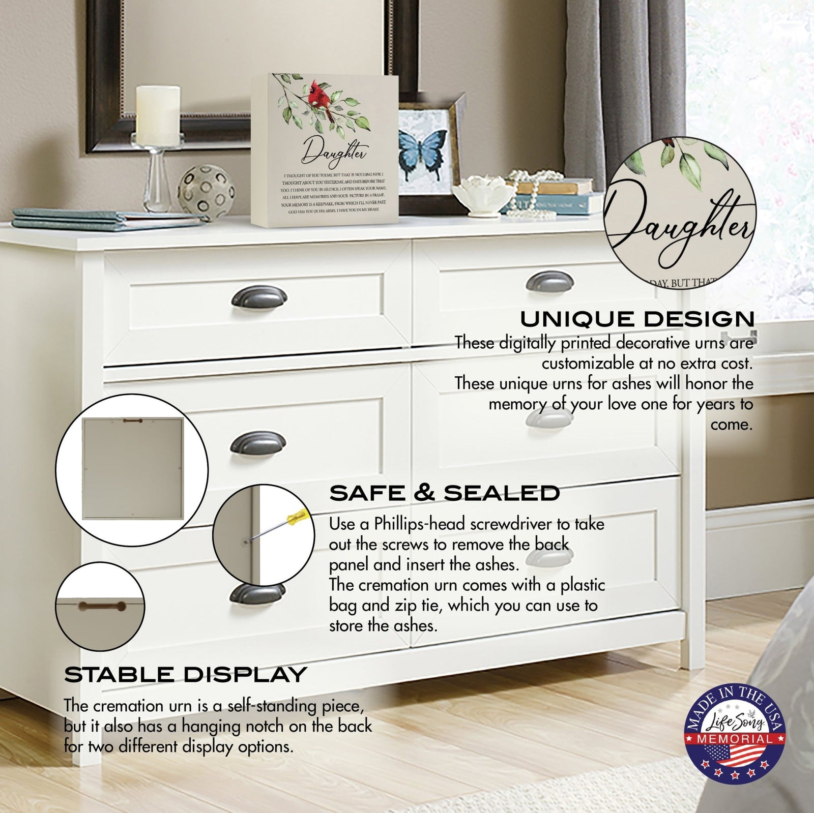 Wooden shadow box urn for daughter's ashes. The urn, adorned with a red cardinal and floral accents, is displayed atop a white dresser in a serene bedroom setting, with informational callouts highlighting its stable design, secure closure, and hanging display option. Perfect for adult memorial tributes.