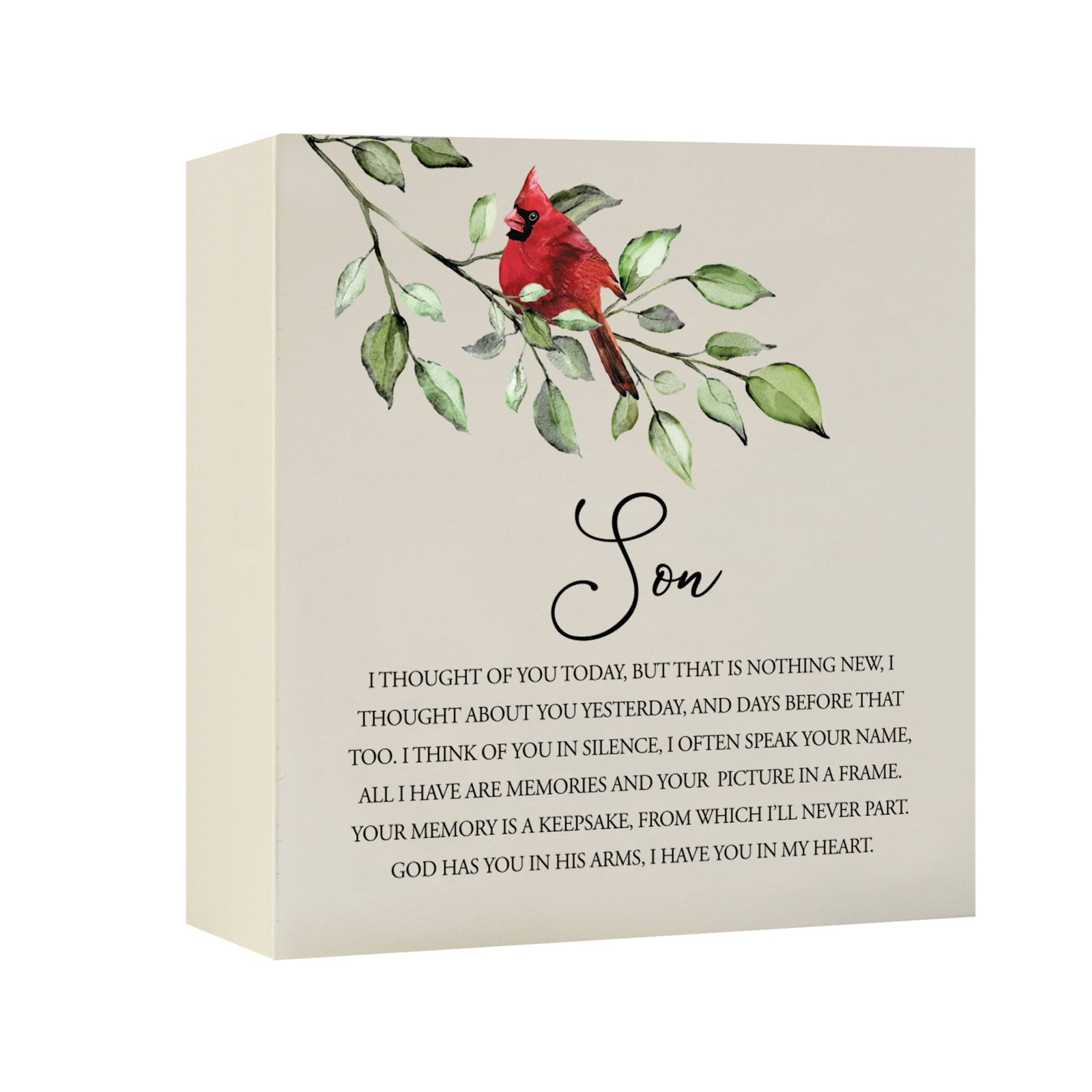 Close-up of a beautiful wooden shadow box urn for son accented with a red cardinal and white flowers. This adult memorial urn is both a heartfelt tribute and a decorative piece.