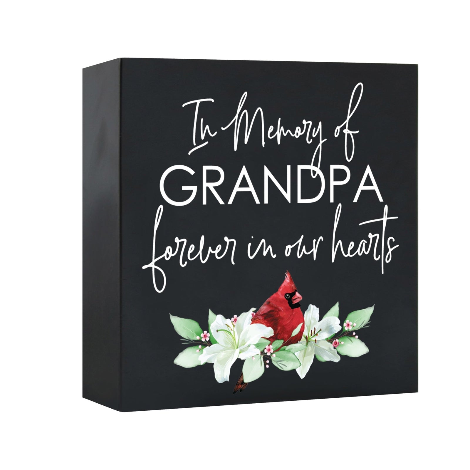 Close-up of a beautiful wooden shadow box urn for human ashes, featuring the text 'In Memory of Grandpa, forever in our hearts,' accented with a red cardinal and white flowers. This adult memorial urn is both a heartfelt tribute and a decorative piece.