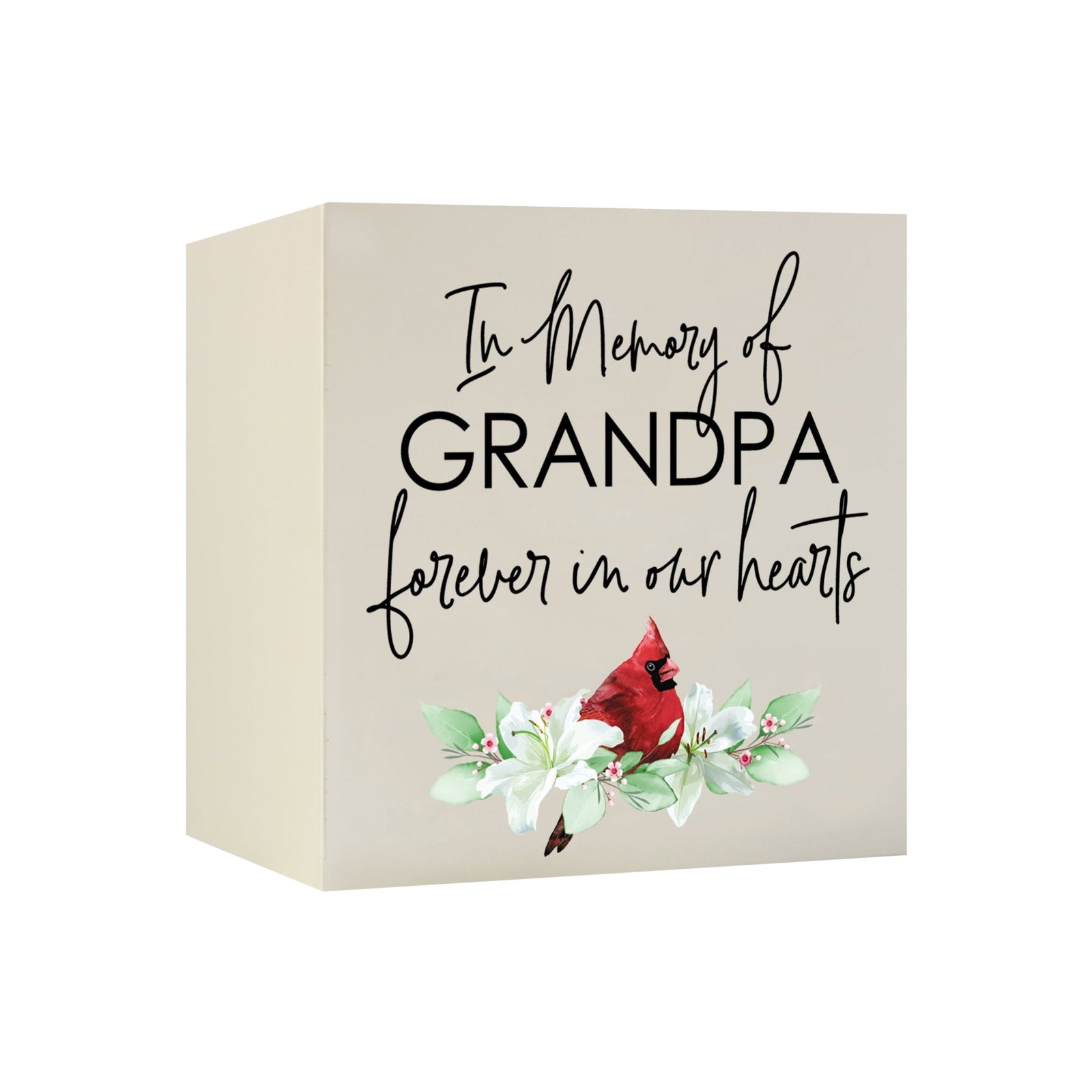 Close-up of a beautiful wooden shadow box urn for human ashes, featuring the text 'In Memory of Grandpa, forever in our hearts,' accented with a red cardinal and white flowers. This adult memorial urn is both a heartfelt tribute and a decorative piece.