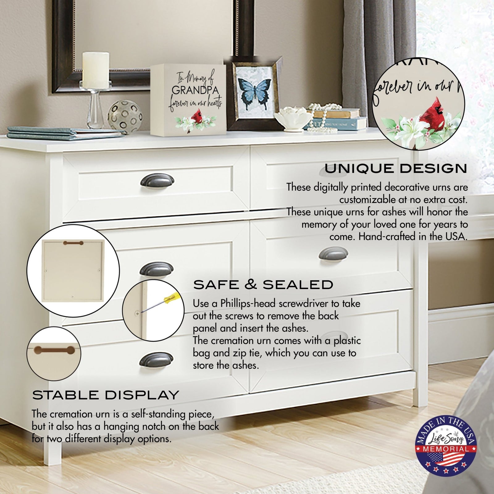 Wooden shadow box urn for human ashes. The urn, adorned with a red cardinal and floral accents, is displayed atop a white dresser in a serene bedroom setting, with informational callouts highlighting its stable design, secure closure, and hanging display option. Perfect for adult memorial tributes.