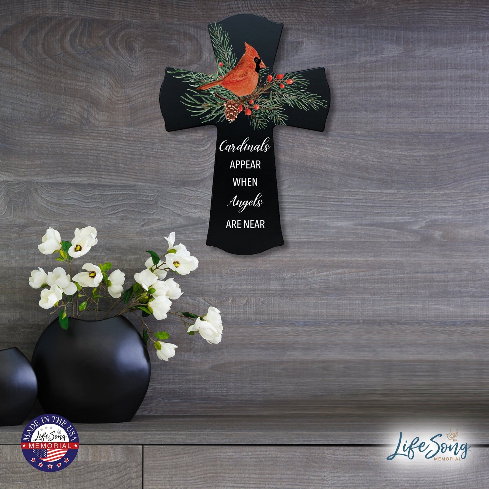 Memorial Wooden Wall Cross 8x11 Cardinal Bereavement Gift for Loss on Loved One – When Angels Are Near - LifeSong Milestones