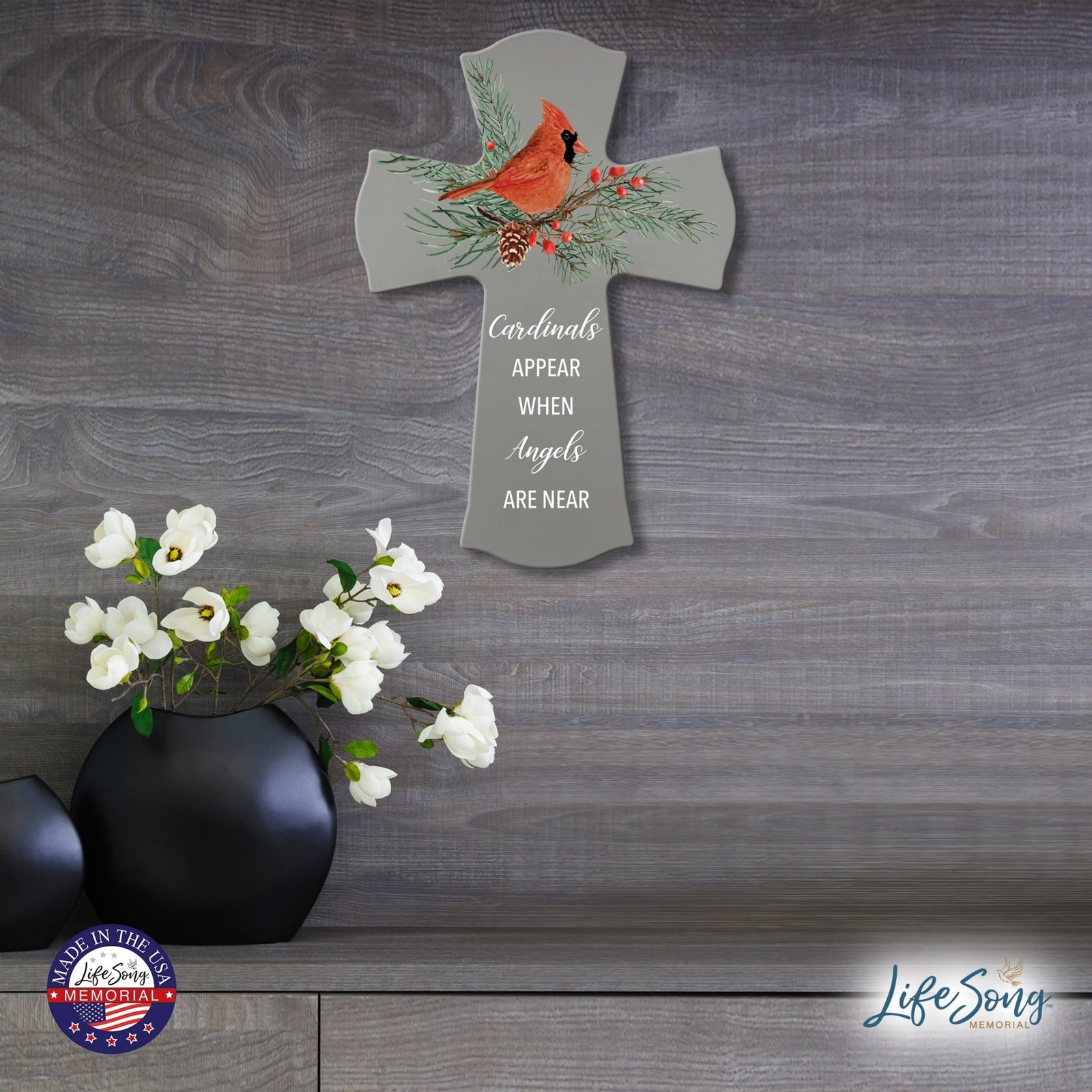 Memorial Wooden Wall Cross 8x11 Cardinal Bereavement Gift for Loss on Loved One – When Angels Are Near - LifeSong Milestones