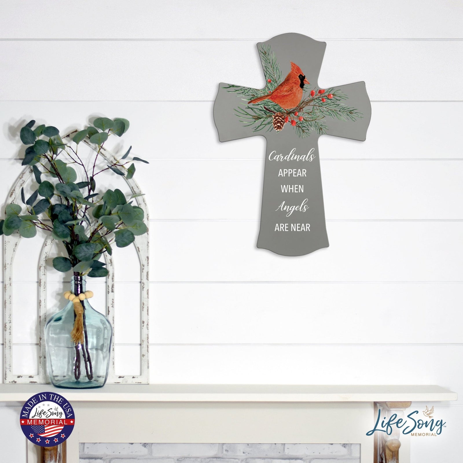 Memorial Wooden Wall Cross 8x11 Cardinal Bereavement Gift for Loss on Loved One – When Angels Are Near - LifeSong Milestones
