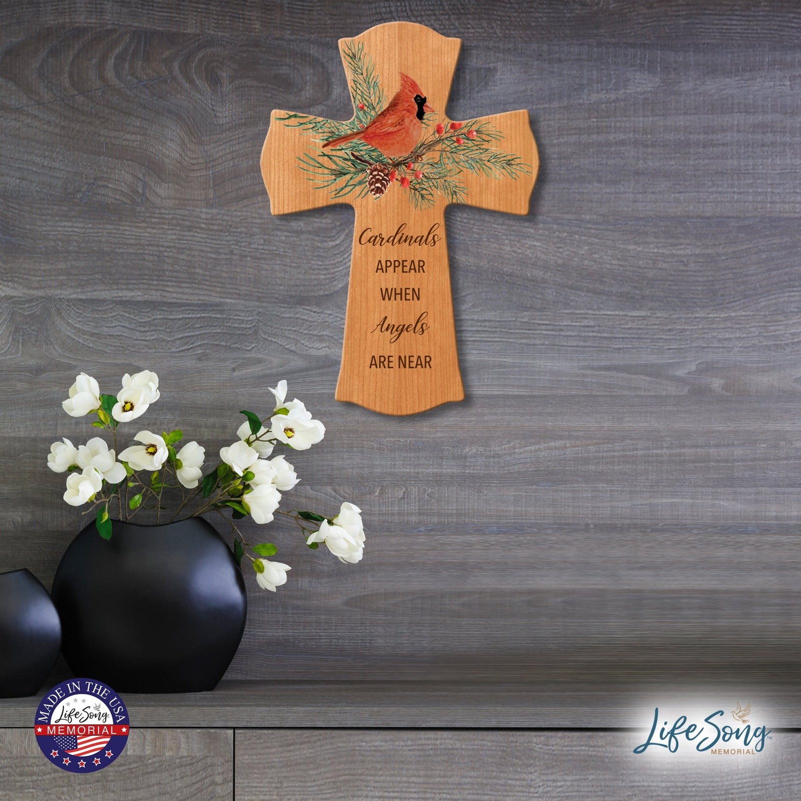 Memorial Wooden Wall Cross 8x11 Cardinal Bereavement Gift for Loss on Loved One – When Angels Are Near - LifeSong Milestones