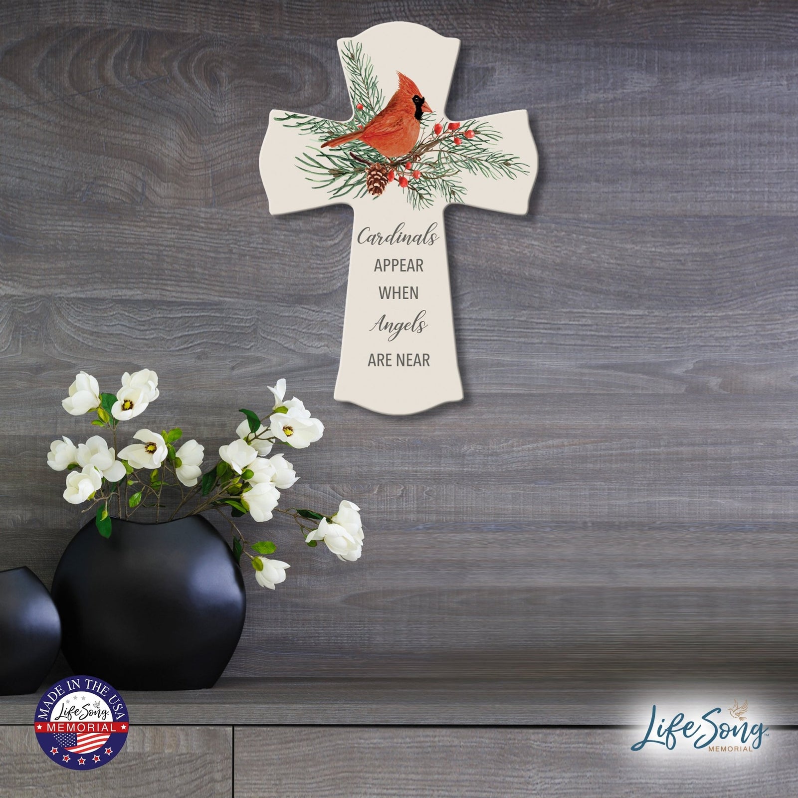 Memorial Wooden Wall Cross 8x11 Cardinal Bereavement Gift for Loss on Loved One – When Angels Are Near - LifeSong Milestones